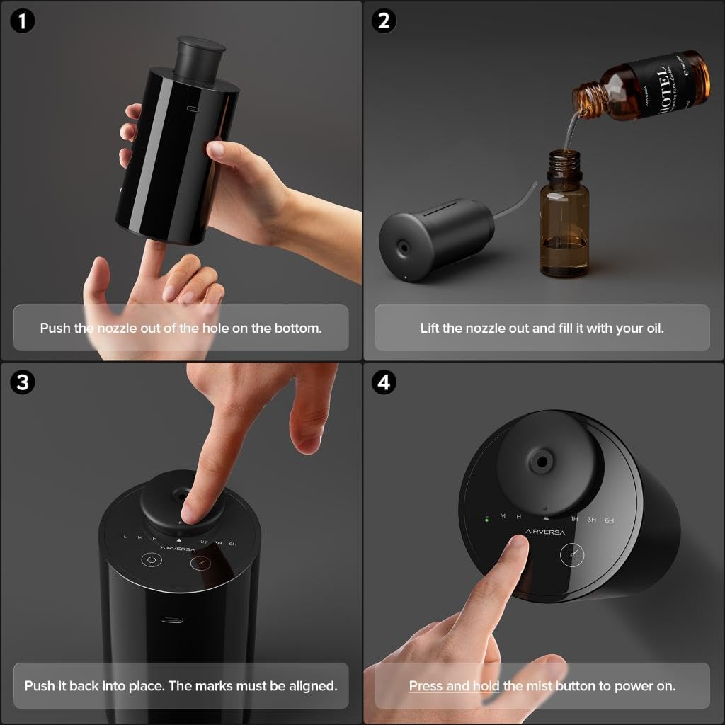 Airversa AN6 Waterless Essential Oil Diffuser Starter Kit, Black | 30 mL RZ C.Hotel Scent Fragrance Oil, Battery Operated, Up to 600 sq ft, Portable for Home Car Office, AN6Kit-30-A - Image 4