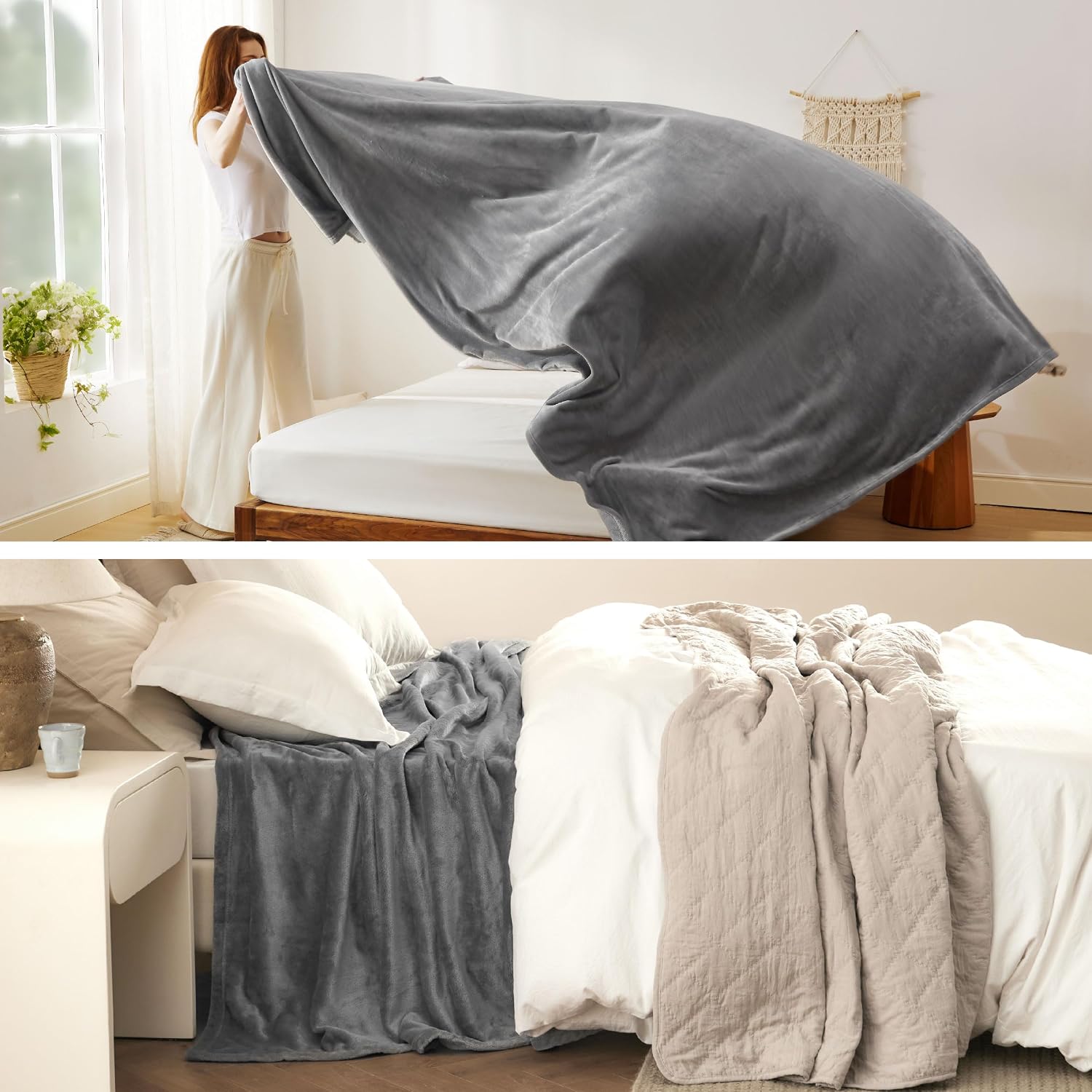 Bedsure GentleSoft Fleece Bed Blankets Queen Size Grey - Soft Warm Outdoor Picnic Fall Blanket for Camping Travel Lightweight Cozy Anti-Static, Room Home Decor Gifts for Husband and Men, 90x90 inches - Image 4