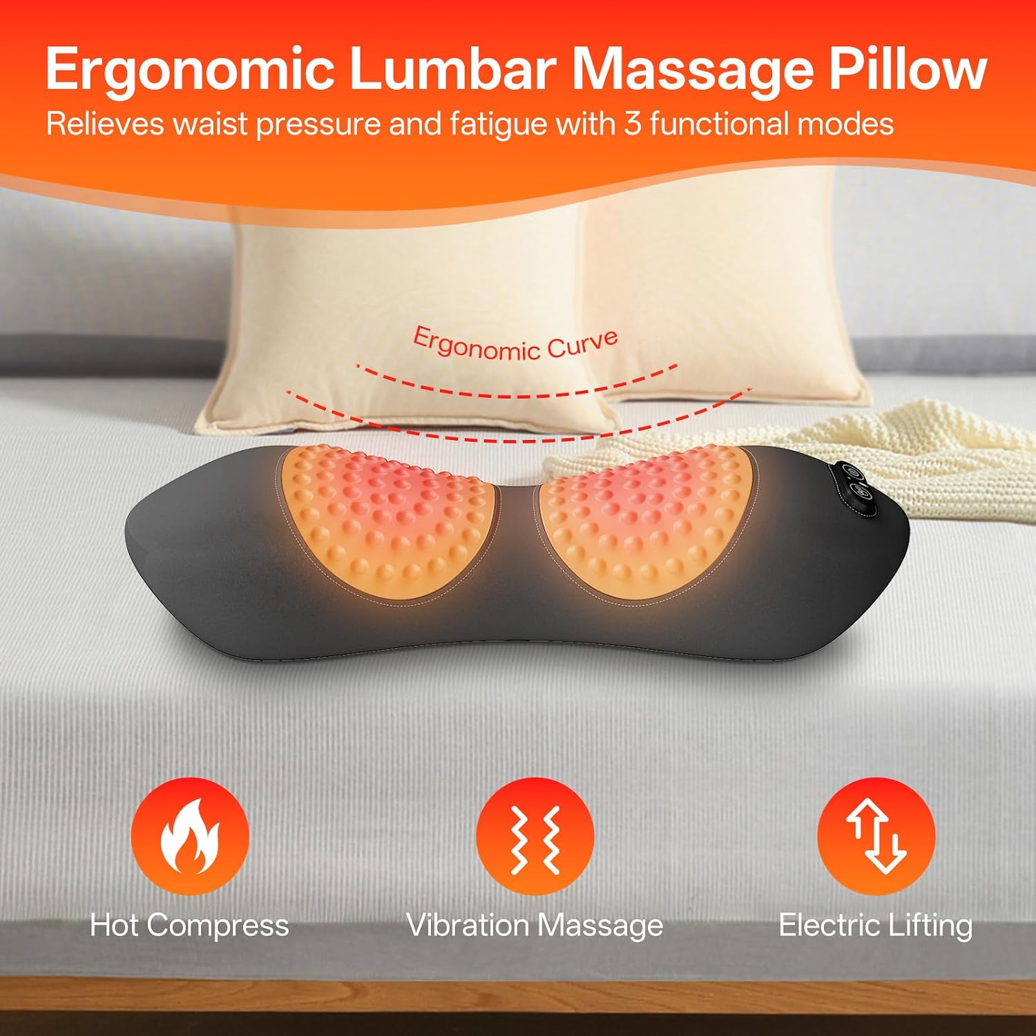3-in-1 Electric Lumbar Support Pillow with Heat, Vibration,Traction | Triple Fusion Back Massager for Bed or Chair, Lumbar Support Cushion for Lower Back Comfort & Spine Support, Dark Gray - Image 2