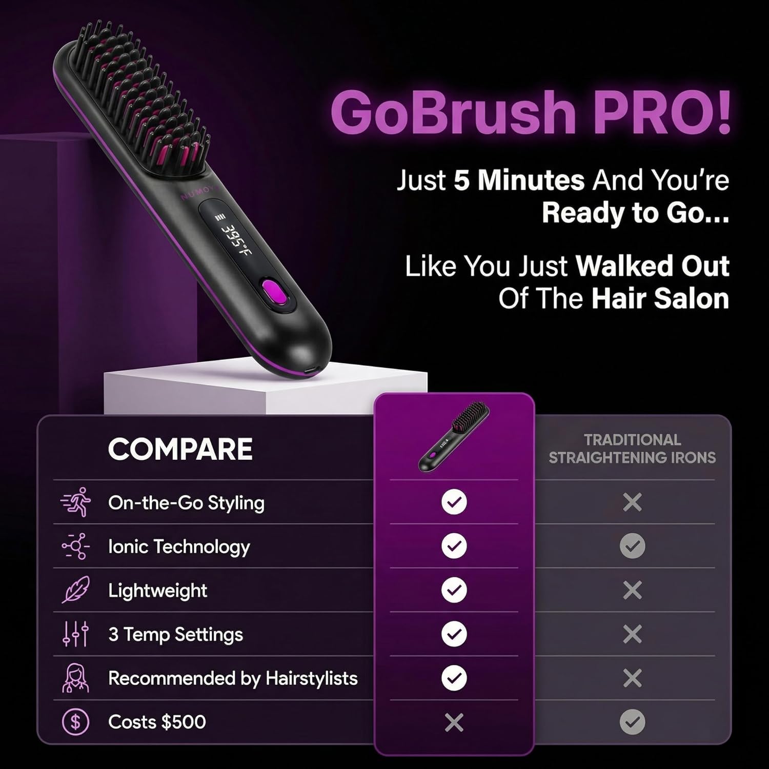 NUMOYA Go Brush Pro Portable Cordless Hair Straightener Brush, Rechargeable MCH Fast Heating for Women Travel (Black) - Image 3