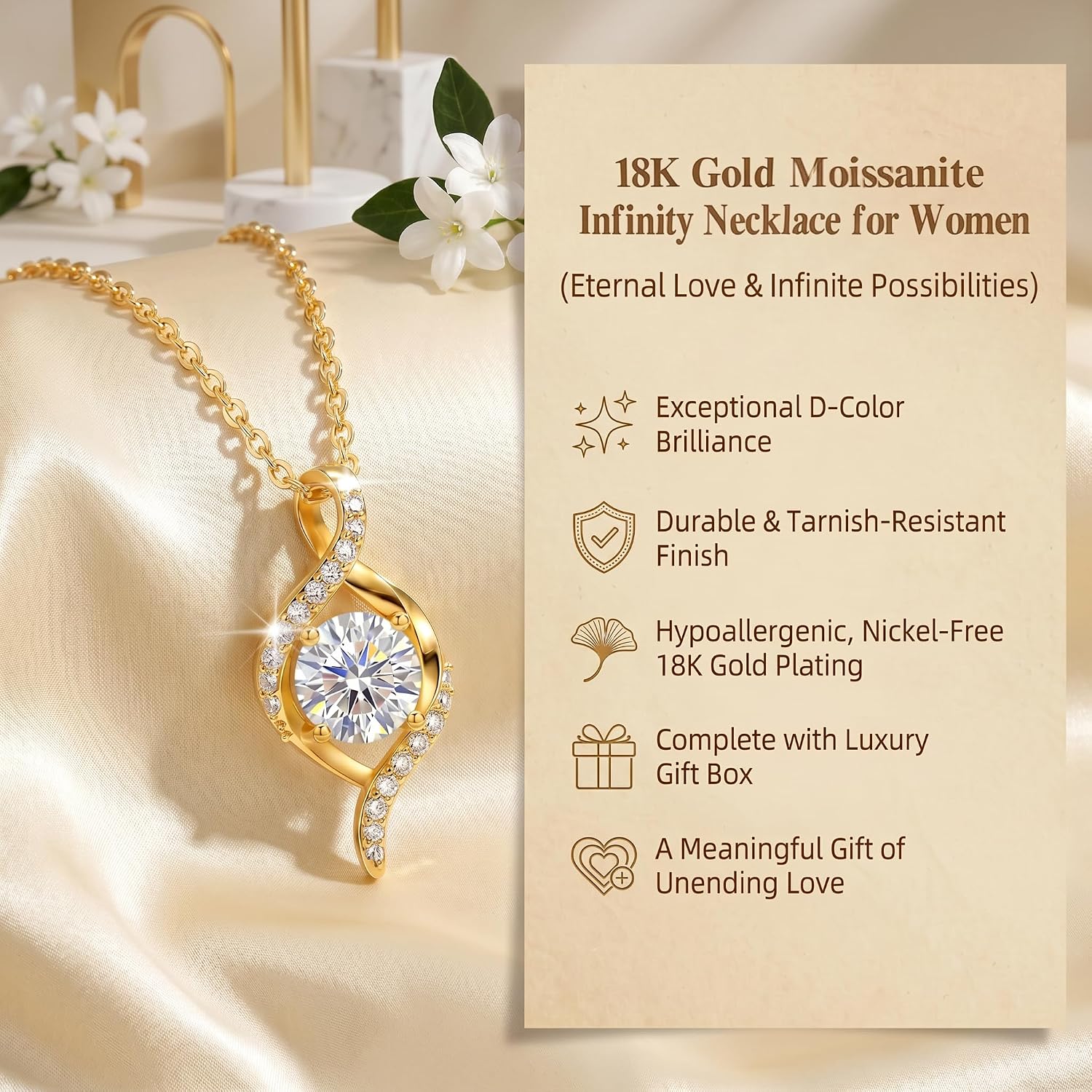 1-2 CT Infinity Moissanite Pendant Necklace for Women, 18K Gold Filled 925 Sterling Silver Jewelry, Anniversary Birthday Christmas Valentines Gifts for Wife Mom Her with LED Light-Up Gift Box - Image 5