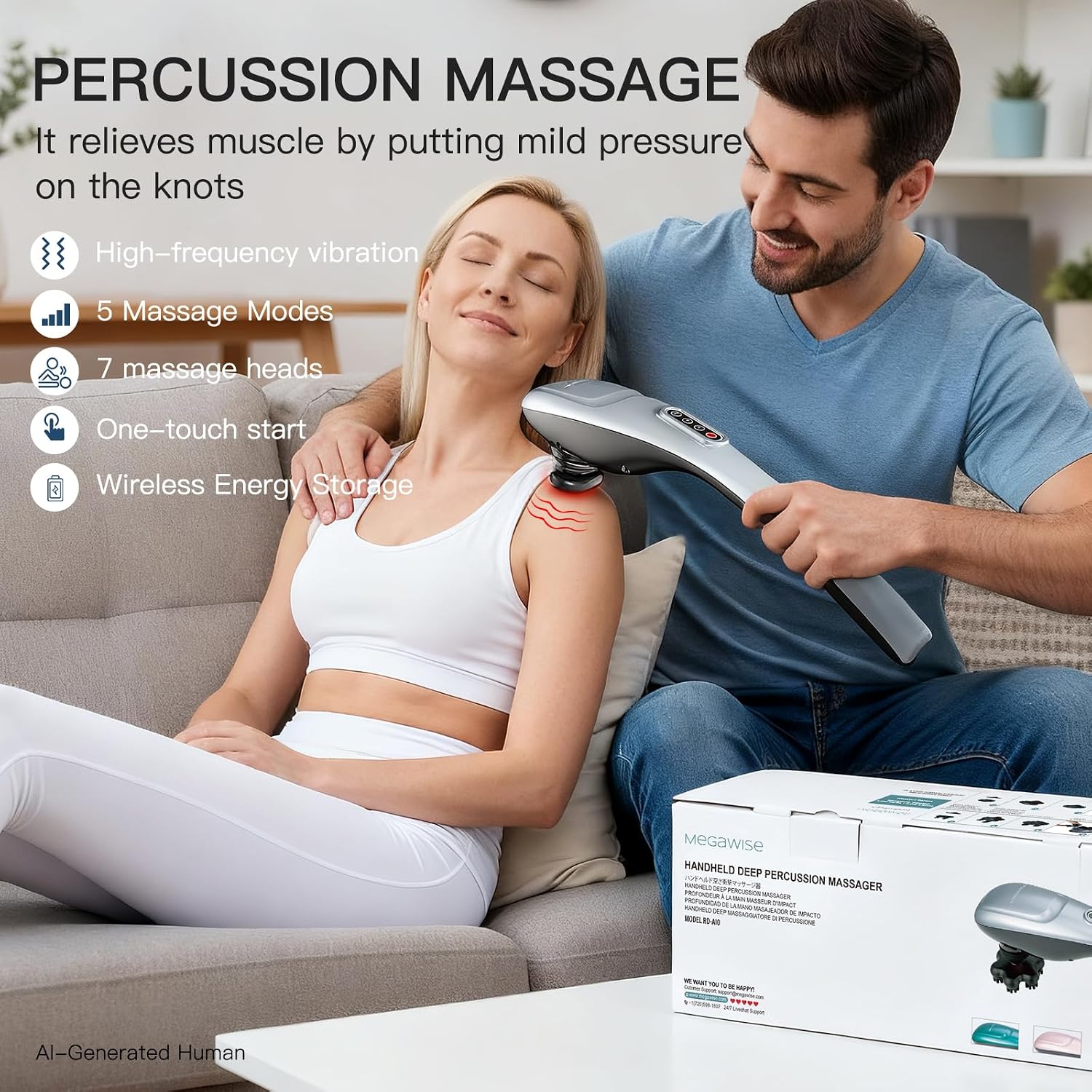 MEGAWISE Cordless Back Massager for Shoulders, Waist, Legs, Rechargeable 3200mAh Battery, 5 Speed and 5 +2 Massage Nodes 5 Hard, 2 Soilicone Nodes, Massage While Moving Around - Image 2