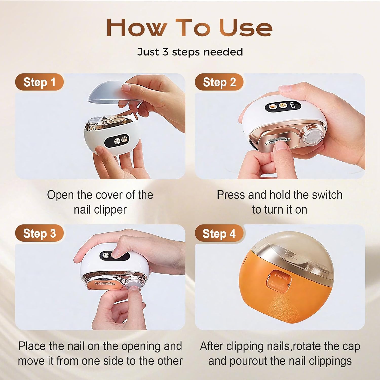 2026 New Electric Nail Clippers 2.0, 4 in 1 Electric Nail Trimmer and Polisher with Quick-Dry Light, Dual Grinding Heads with 2 Speeds, Low Noise Rechargeable Manicure Kit for Adults Seniors (Orange) - Image 7