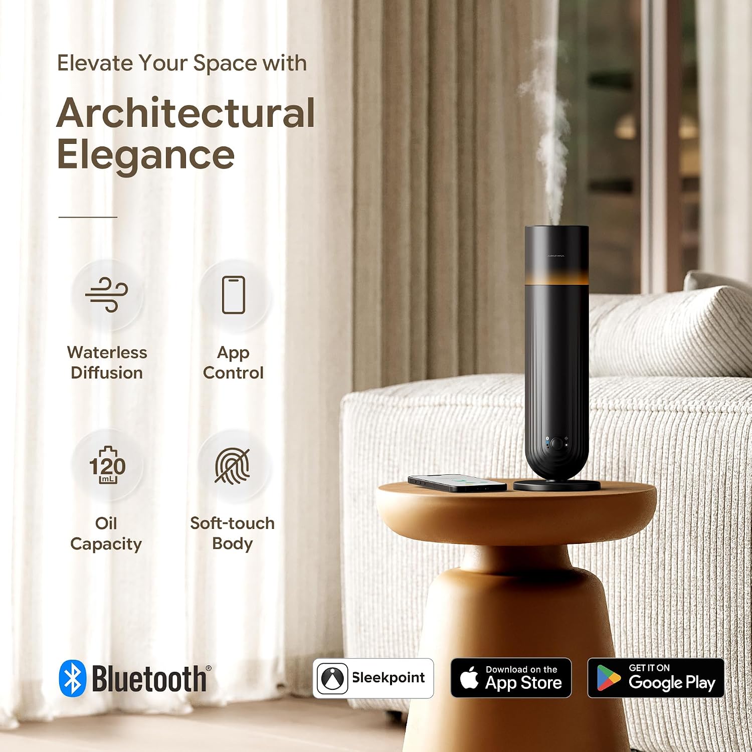 Airversa U1 Smart Tower Waterless Essential Oil Diffuser for Room, Black | Up to 1200 sq ft, App Control, Cold Air, 120mL, DC-12V/1A Plug in Wall, Smart Scent Air Machine, For Home & Commercial Spaces - Image 2