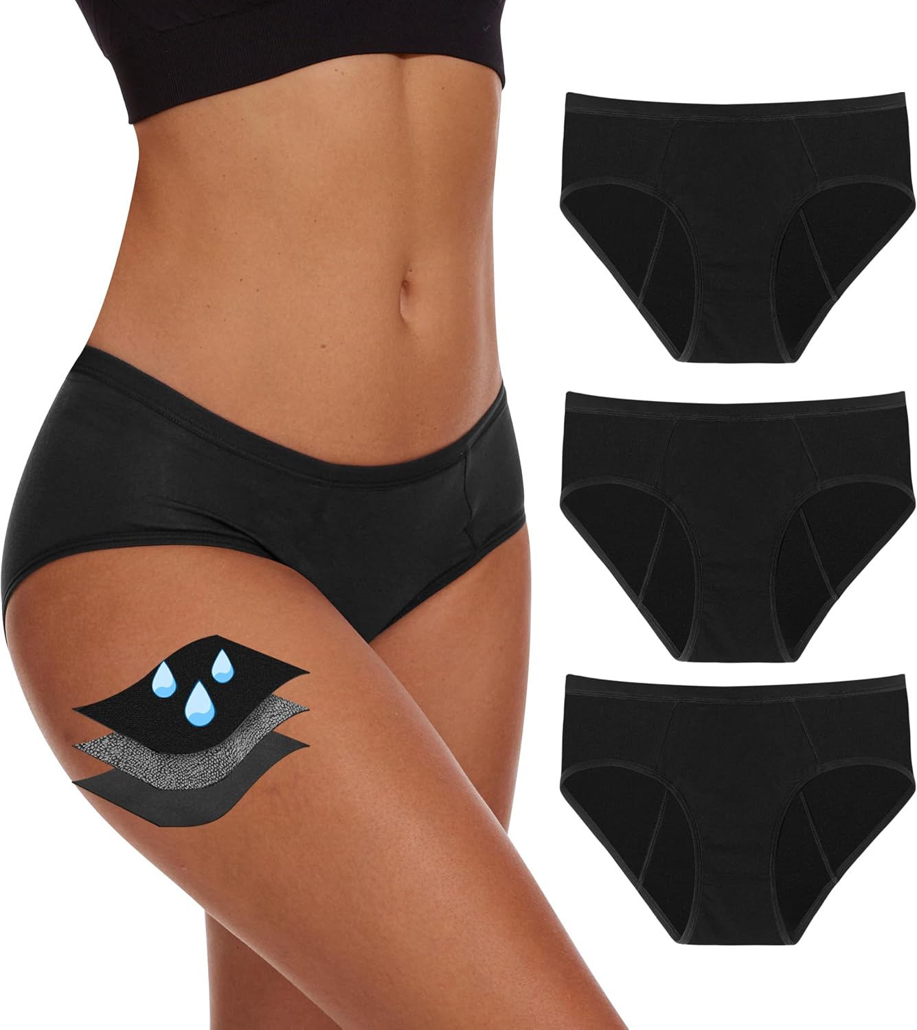 YESWEL Period Underwear For Women Leakproof Hipster Brief Heavy Flow 3 Pack | Comfortable soft menstrual panties, washable reusable moisture wicking leak postpartum 35ML light-moderate heavy flow