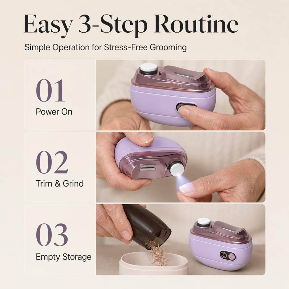 2-in-1 Smart Electric Nail Clipper & Polisher, Rechargeable Automatic Nail Clipper, Automatic Nail Trimmer with Debris Container and LED Light, Nail Grinder for Adults and Seniors, Purple, 1PCS - Image 4