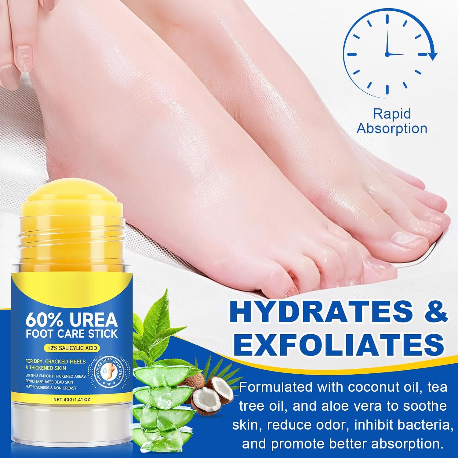 60% Urea Cream Stick plus 2% Salicylic Acid, Maximum Strength Urea Foot Cream Callus Remover for Dry Cracked Heels, Hands, Knees,Exfoliating Moisturizer, Dead Skin Remover Foot Balm 1.4oz (1pcs) - Image 2