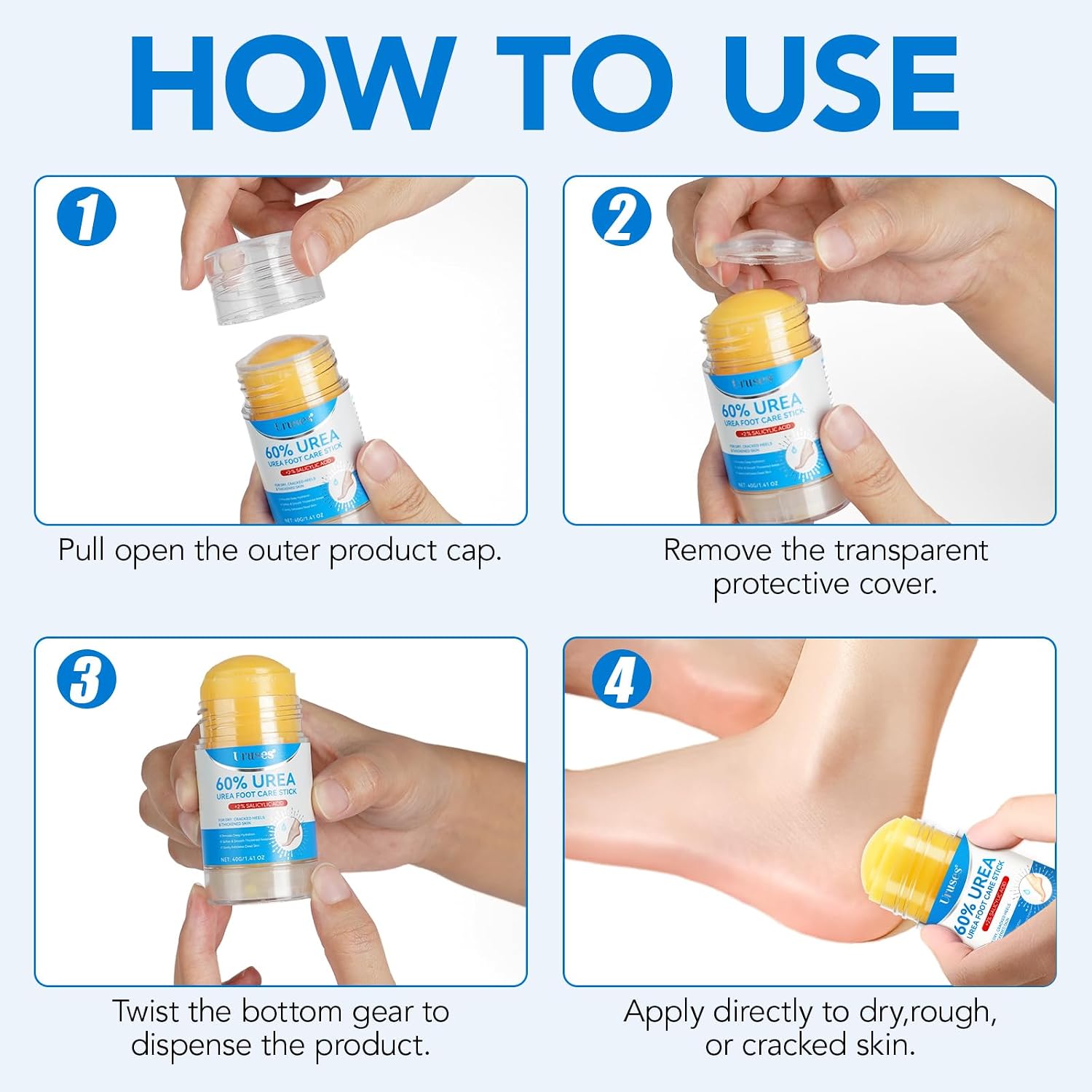 Uruses 2Pack Urea Cream 60% plus Salicylic Acid 2% Urea Foot Care Stick,Foot Cream for Foot Callus Remover, Feet Moisturizer Stick for Dry Cracked Heels, Hands, Knees,Hydrating Heel Balm, Easy To Use - Image 7