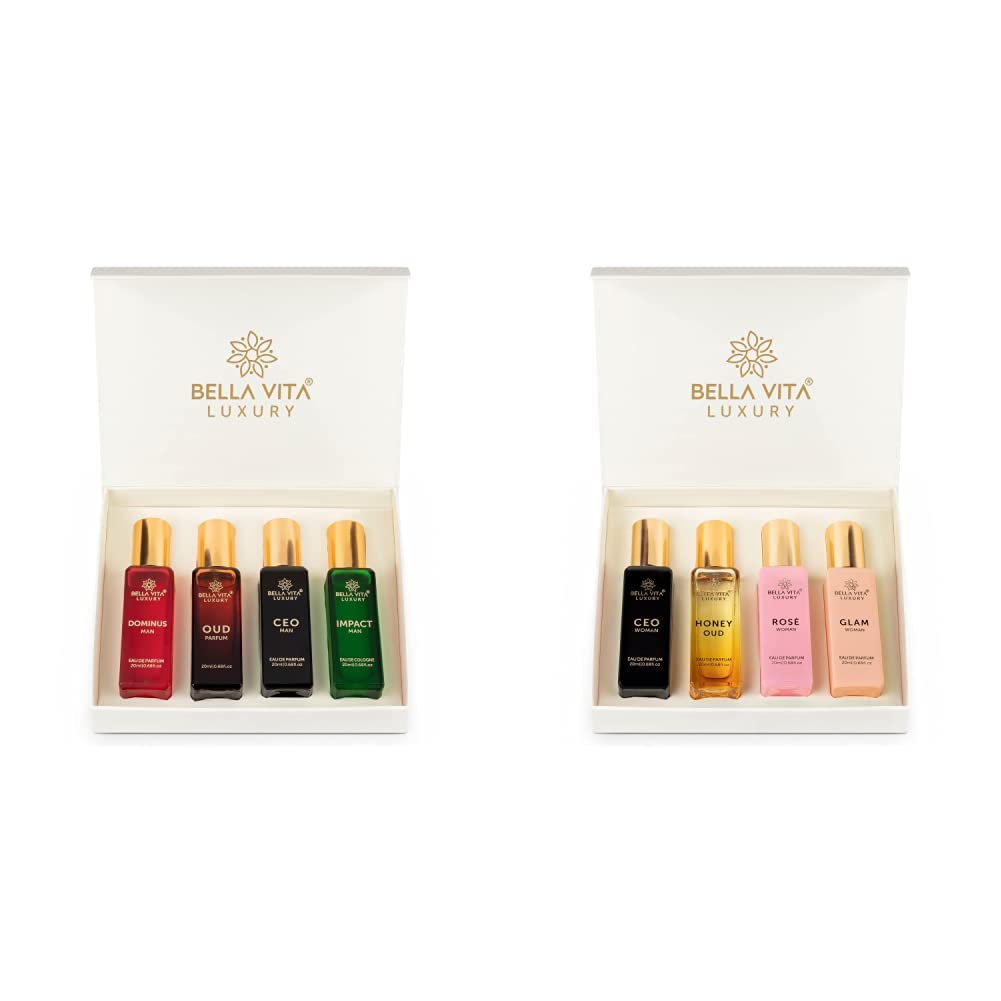 BellaVita Luxury Him and Her Perfume | Valentine's Day Gift Bundle for Men & Women | 8x20ml Mini Perfumes | Woody, Floral, Citrus, Oud, Vanilla & Musk | Couple Gift Set | Travel-Ready Fragrance