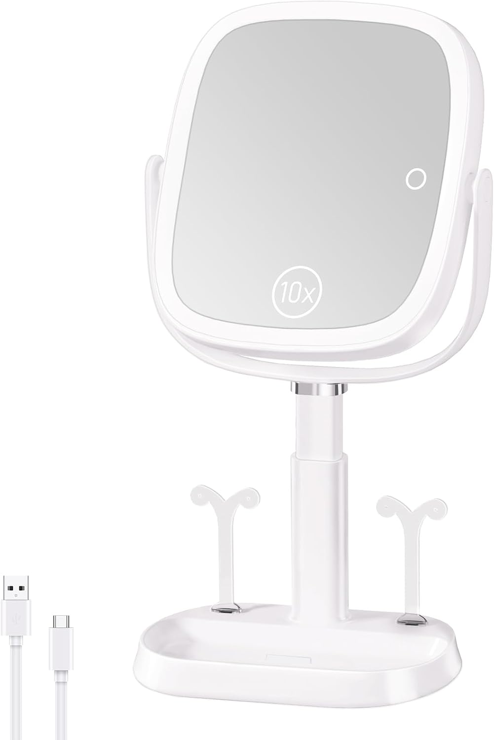 FRANO Vanity Mirror with Lights, Rectangular Lighted Makeup Mirror with 3 Color Lights, 1X/10X Magnification, Adjustable Height, 360° Rotation, 4000mAh Rechargeable for Desk, Gifts for Women