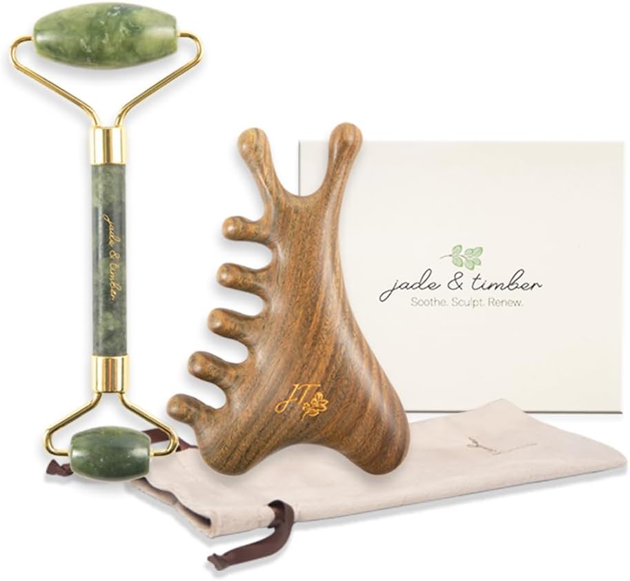 jade & timber Jade Roller & Green Sandalwood Gua Sha Set – Facial & Body Massage Tools for Lymphatic Drainage & Sculpting - Self Care Gift