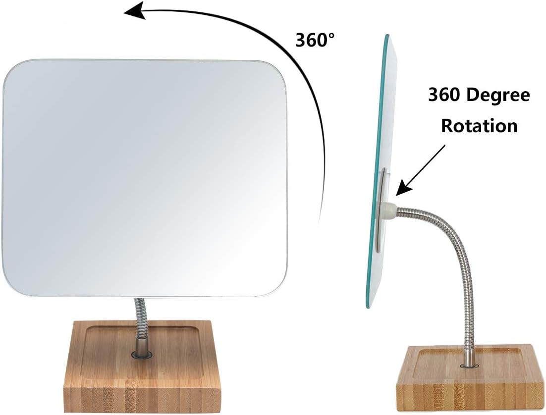 YEAKE Flexible Gooseneck Bamboo Vanity Makeup Mirror,360°Rotation 8" Large Frameless, Folding Portable Table Desk Mirror with Stand for Bathroom Shaving Make Up, Rectangle - Image 4