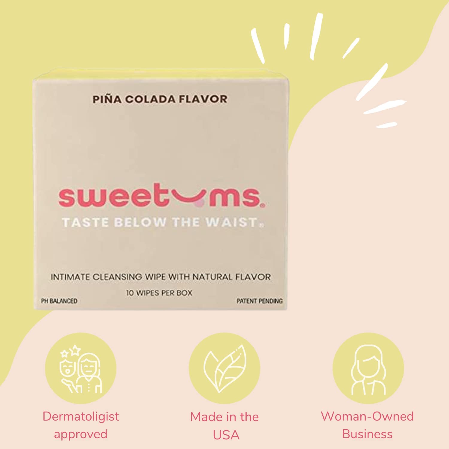 Sweetums Feminine Wipes for Women, Pina Colada, pH Balanced - Pack of 10 | Individually wrapped, pH balanced flavored wipes for women designed for on-the-go freshness and convenience - Image 3