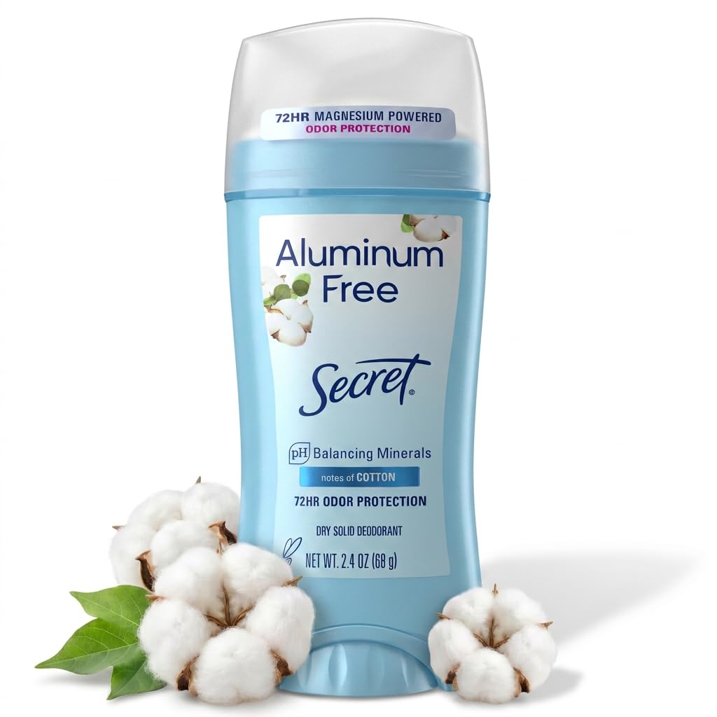 Secret Aluminum Free Deodorant for Women, 48hr Odor Protection, Free of Parabens Dyes Talc & Baking Soda, PH Balancing Minerals, Dry Solid, Cotton Scent, 2.4 oz