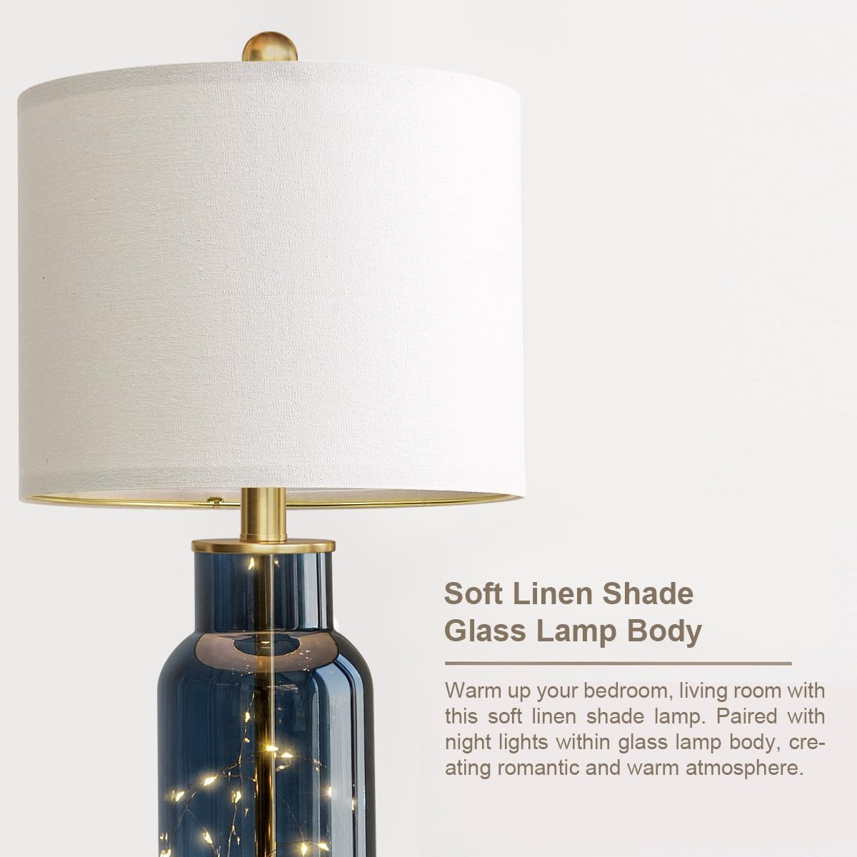 22" Glass Table Lamps Set of 2, Blue Modern Bedside Lamp with LED Night Light for Living Room, Nightstand Lamp with USB Ports for Bedrooms, Study Room, End Table(2 Bulbs Included) - Image 5