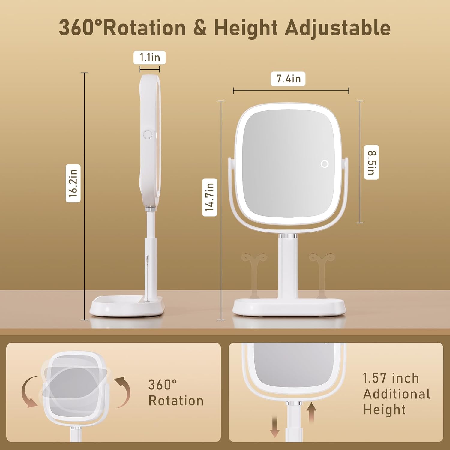 FRANO Vanity Mirror with Lights, Rectangular Lighted Makeup Mirror with 3 Color Lights, 1X/10X Magnification, Adjustable Height, 360° Rotation, 4000mAh Rechargeable for Desk, Gifts for Women - Image 2