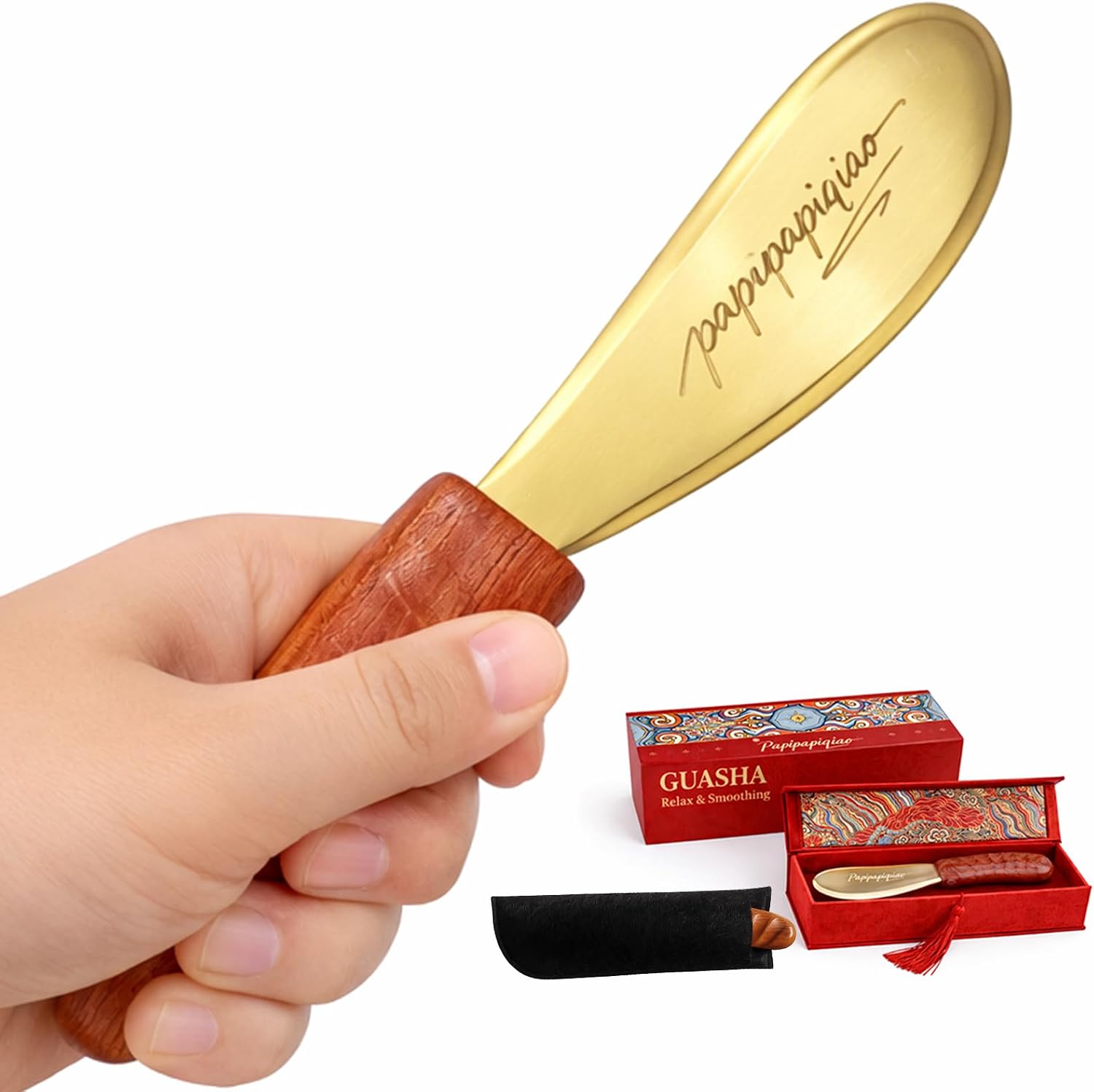 Copper Brass Gua Sha Muscle Scraper Tool with Wooden Handle – H62 Brass IASTM Soft Tissue Massage Tool for Fascia Release & Scar Tissue Relief – Deep Tissue Scraping Tool for Back & Body