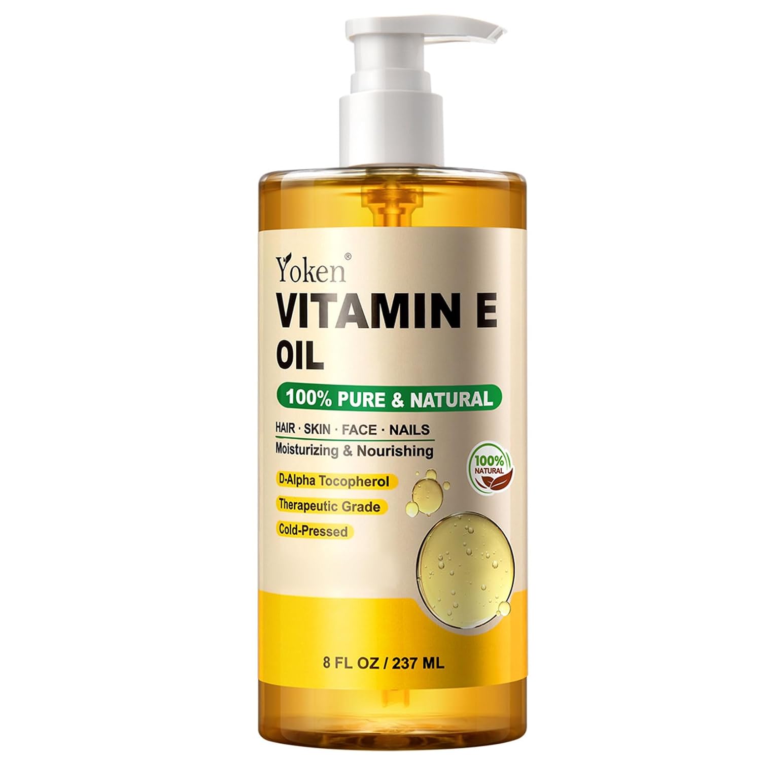 Yoken Vitamin E Oil for Skin Face Body 8 Oz Cold Pressed Vitamine Body oils | Pure D-Alpha Tocopherol Liquid Nails Vit e Women Moisturizing Dry Skin Unscented Carrier Oil Hydrate Hexane Free After Shower