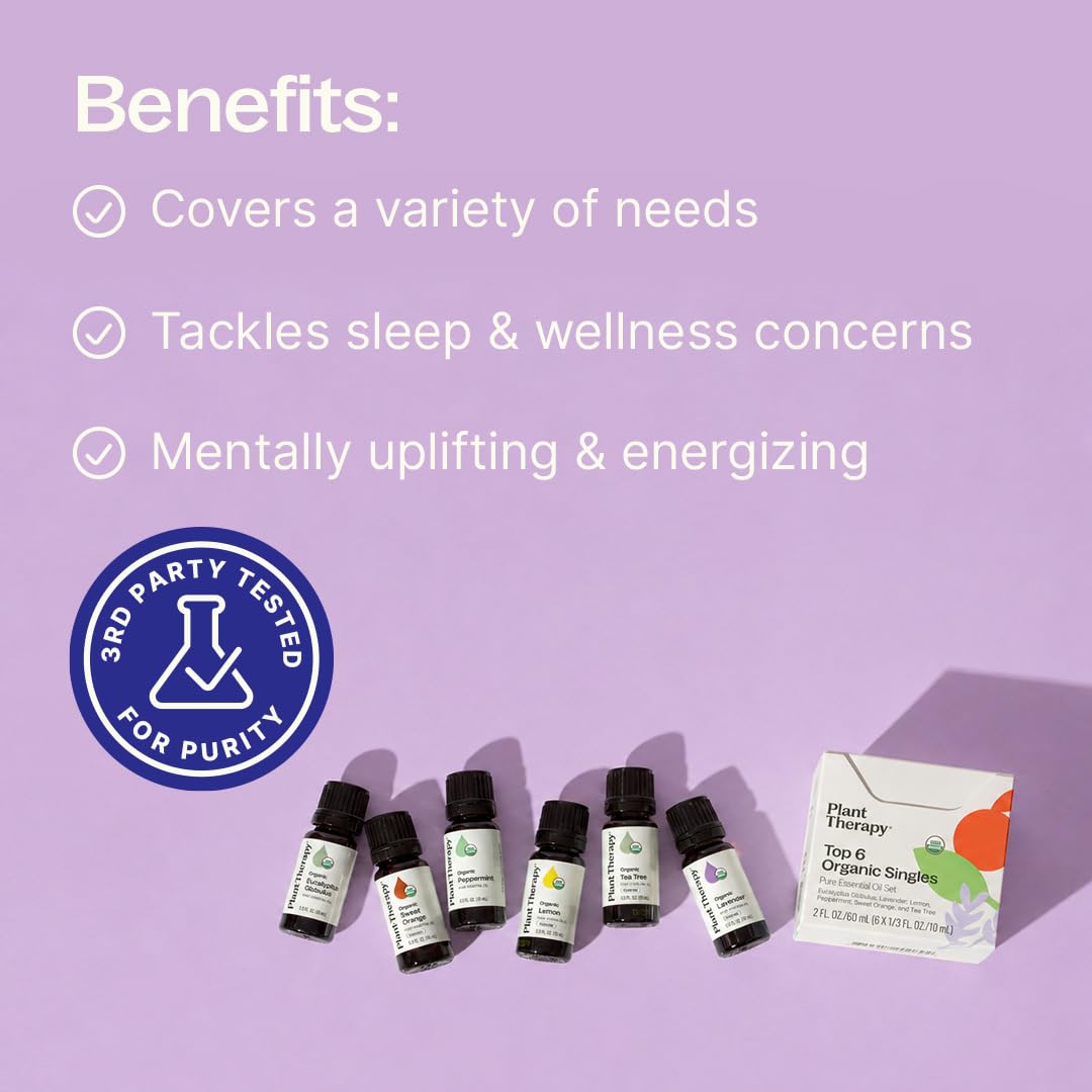 Plant Therapy Top 6 USDA Organic Essential Oil Set for Diffusion & Topical | Includes Lavender, Peppermint, Eucalyptus, Lemon and Tea Tree Pure Essentail Oils, 10 mL (1/3 oz) Each - Image 2