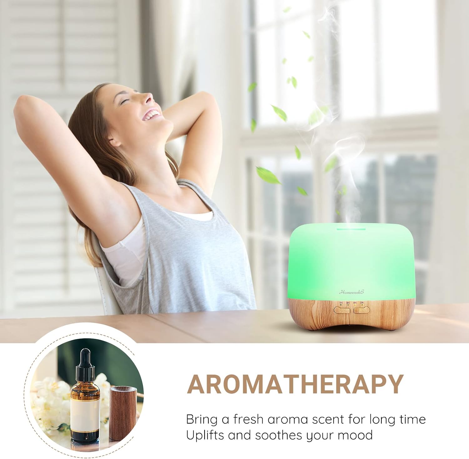 Homeweeks Essential Oil Diffuser for Room Aromatherapy Scent Diffuser | Auto Off Ultrasonic Aroma Fragrance Diffuser for Bedroom Office, Remote Control, 7 Colors Light, Cool Mist, Timer 300 ML - Image 4