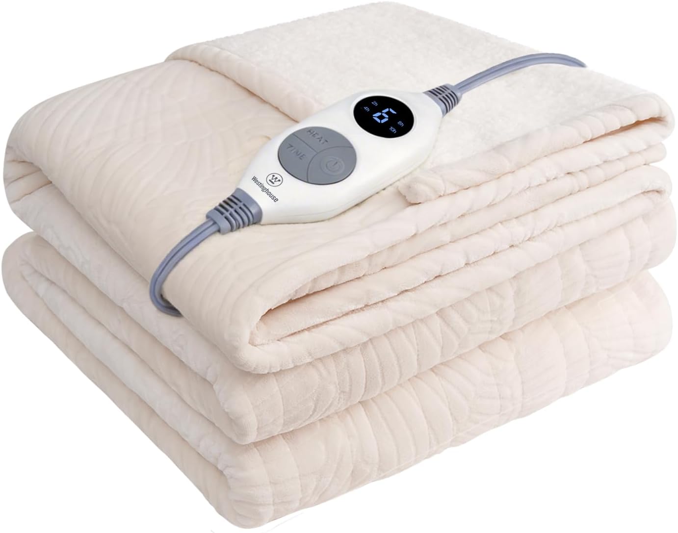 Westinghouse Heated Throw Flower Jacquard Flannel Sherpa 50x60 Beige | Electric Blanket Throw with 6 Heating Levels and 2-10 Hours Auto-Off, Cozy Heated Blanket, Machine Washable, Home Office Use