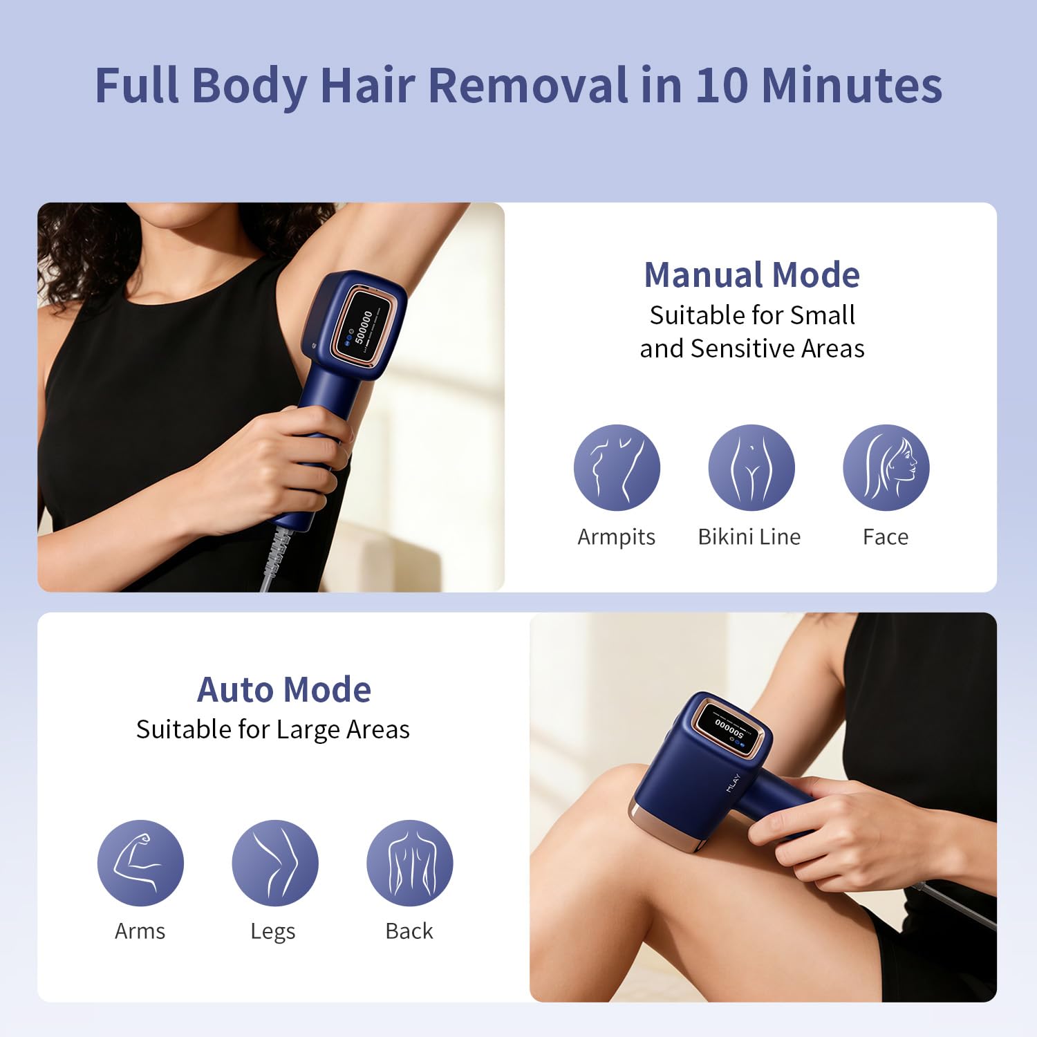 MLAY IPL Laser Hair Removal, Hair Removal Device with Ice Cooling Painless Hair Removal for Women & Men, Permanent Hair Removal at Home for Arms Armpits Face Legs Bikini Line, 5 Energy Levels, 2 Heads | T14 Hair Removal 1,500,000 Flashes Permanent Hair Removal at Home for Arms Armpits Face Legs Bikini Line, with HR BK FC Heads - Image 5