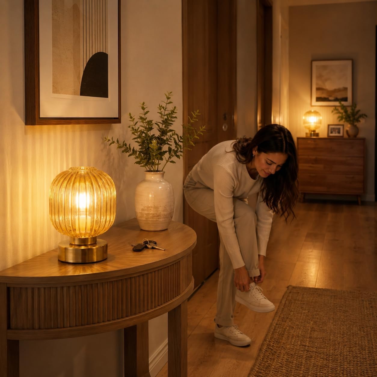 Elenhome Amber Touch Glass Table Lamp Set of 2, 3-Way Dimmable Bedside Lamps, Vintage Mid-Century Modern Nightstand Lamps for Bedroom and Living Room, Ambient Mood Lighting, LED Bulb Included - Image 7