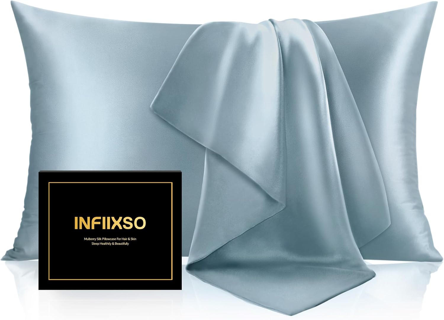 INFIIXSO Mulberry Silk Pillow Cases Standard Size with Zipper, Airy Blue | Ultra Smooth & Soft Satin Silk Pillowcase, Gentle on Hair & Skin, Hidden Zipper Closure, Breathable Cooling for Hot Sleepers