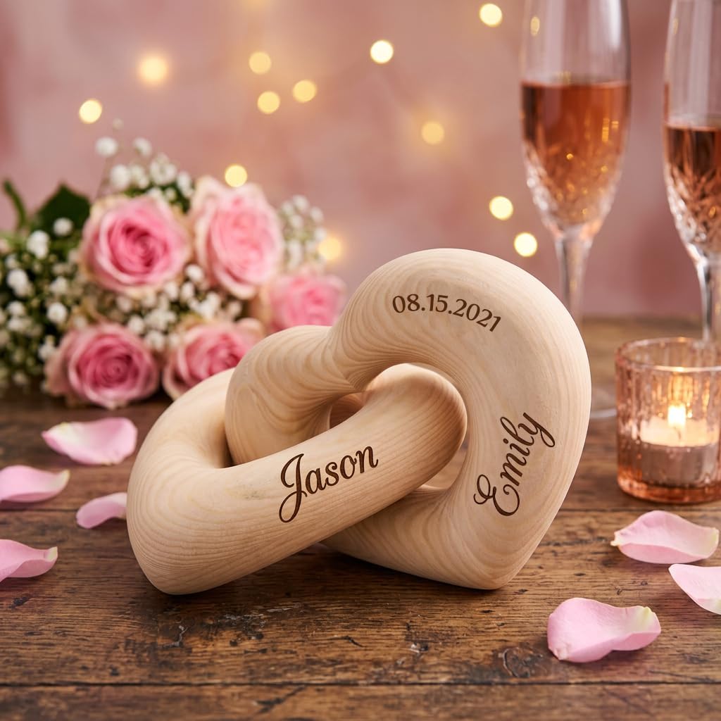 Personalized Wooden Hearts with Names - Custom Engraved Interlocking Heart Sculpture for Couples - 5th Wood Anniversary Valentine's Day Gift Idea, Romantic Home Decor (1-Pack (Names & Date)) - Image 8