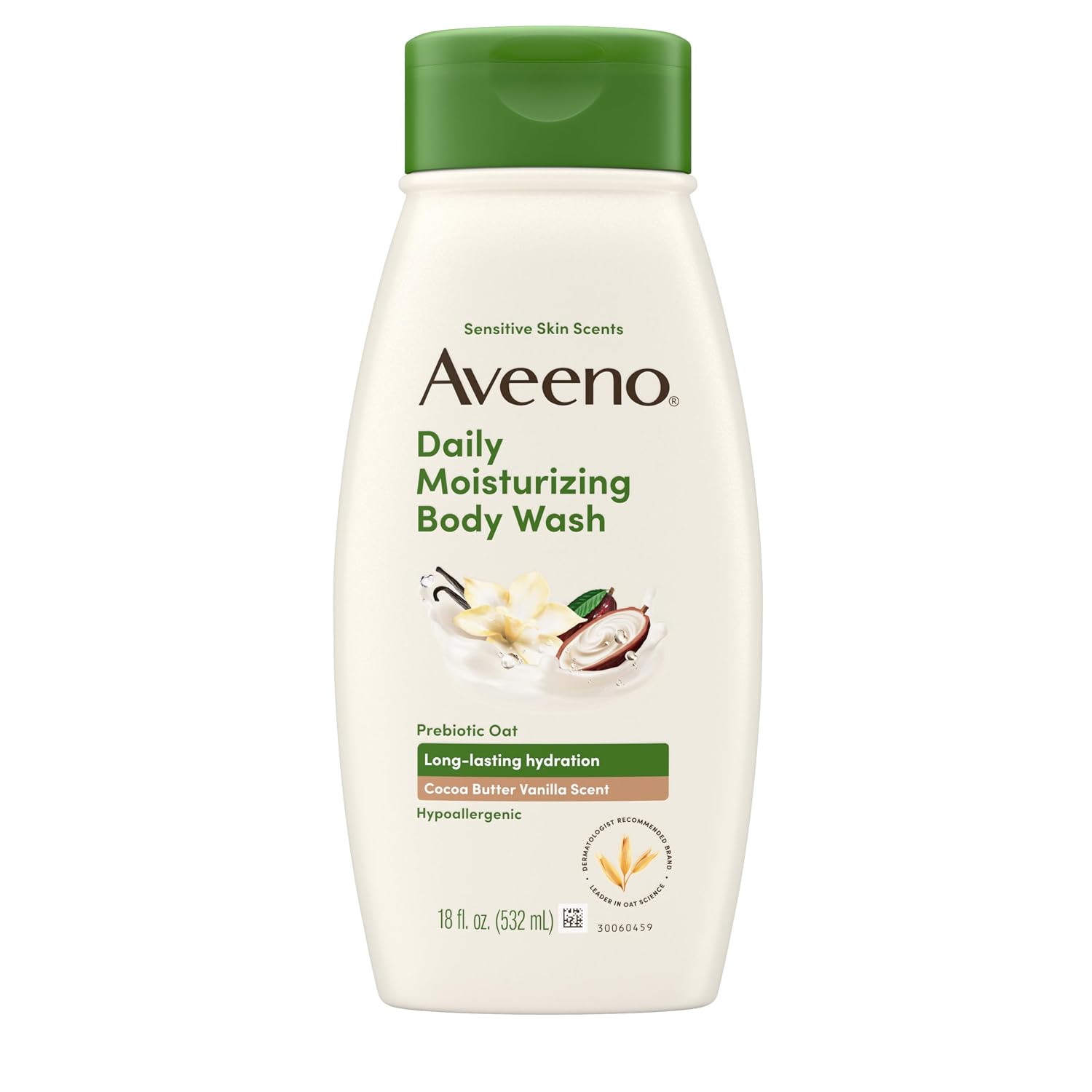 Aveeno Daily Moisturizing Body Wash, Cocoa Butter Vanilla, 18 fl. oz | Cocoa Butter Vanilla Scent, Soothing Prebiotic Oat, Long-Lasting Hydration for Sensitive Skin, Hypoallergenic, Paraben-Free