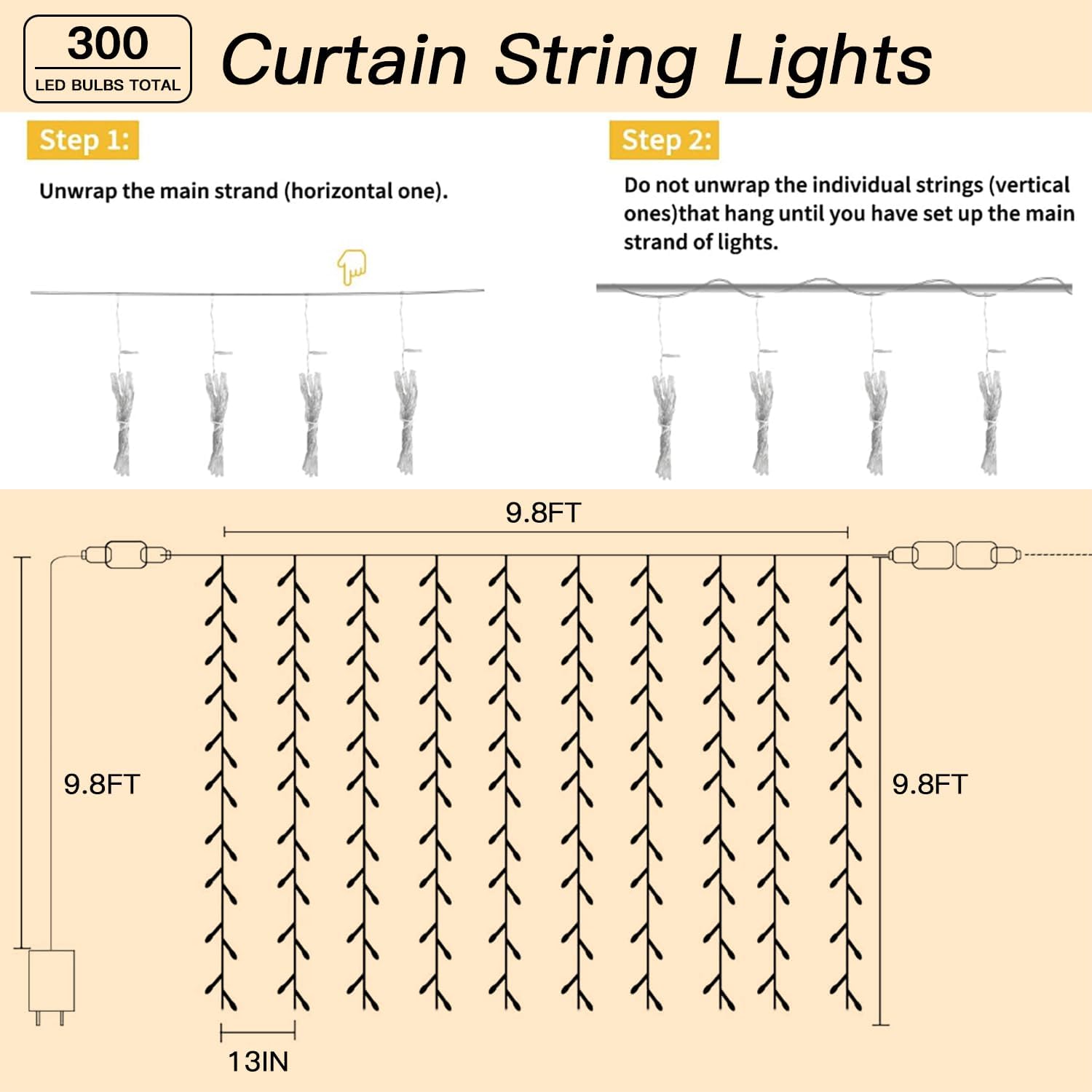 300 LED Warm White Curtain String Lights 9.8x9.8FT, Plug in Fairy Lights with 9 Hooks, Dimmable, Timer & 8 Modes, IP44 Waterproof, Bedroom Wall Wedding Backdrop Christmas Indoor Outdoor Decor - Image 6