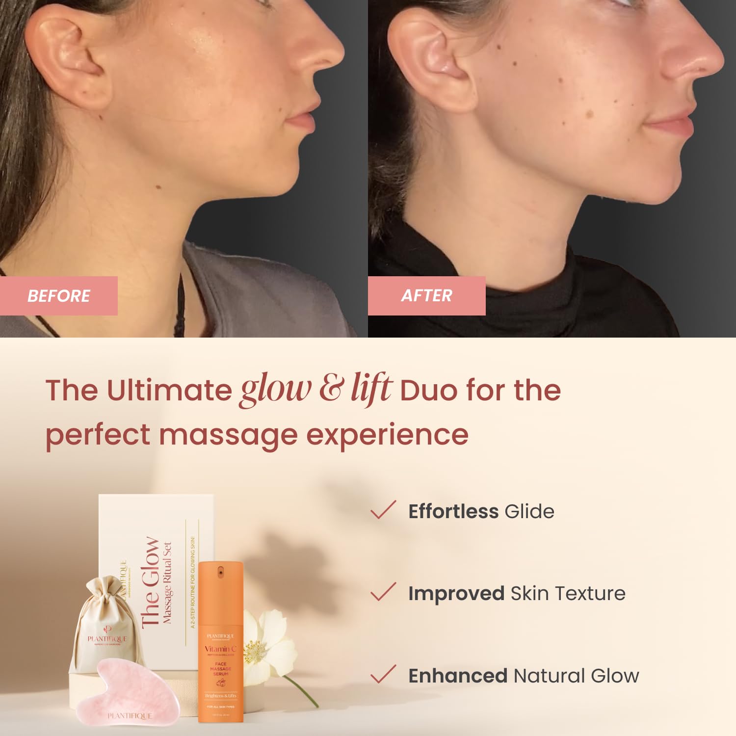 PLANTIFIQUE Massage Set: Rose Quartz Gua Sha & Vitamin C Face Serum Korean | Face Serum with Collagen and Peptides for Hydrated & Glowing Skin (1.01 fl.oz), Skincare Gifts for Women, Moms, Teens - Image 2