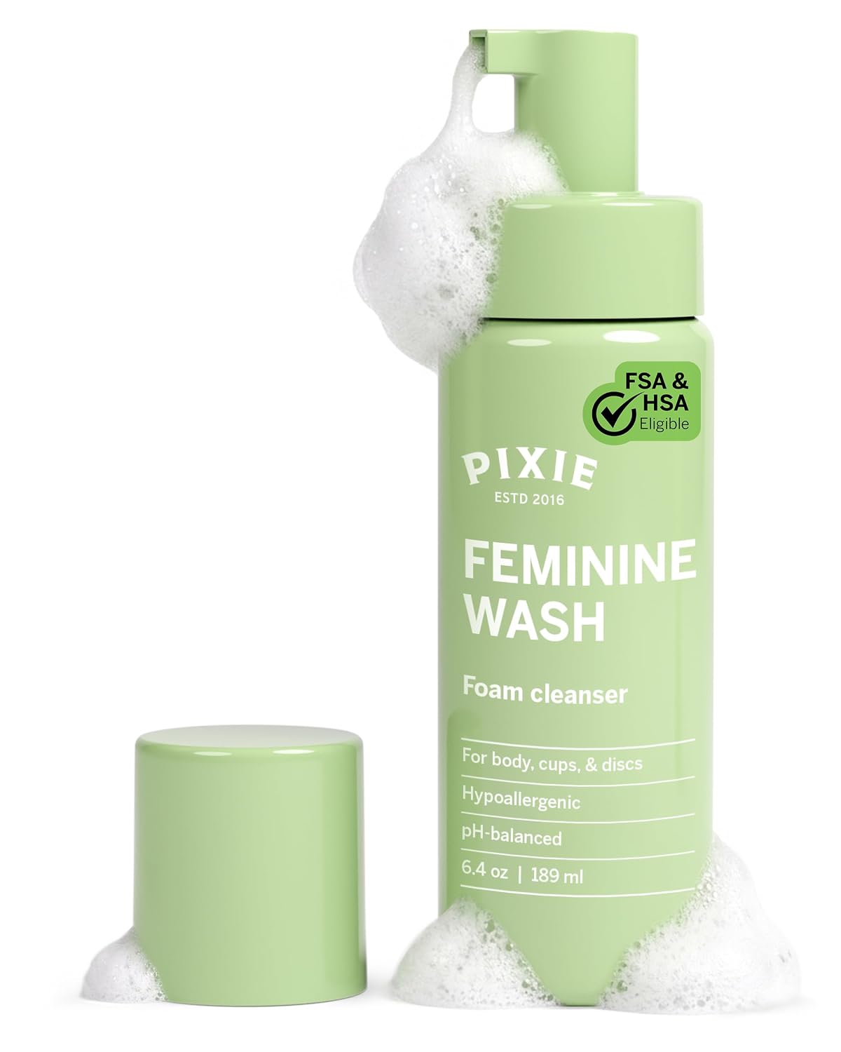 Pixie Foaming Feminine Wash - All Natural Plant-Based Ingredients - Ranked 1 On Gentle Cleaner for Intimate Care, Menstrual Cups and Discs - pH Balanced, Hypoallergenic, Fragrance-Free (6.4oz)