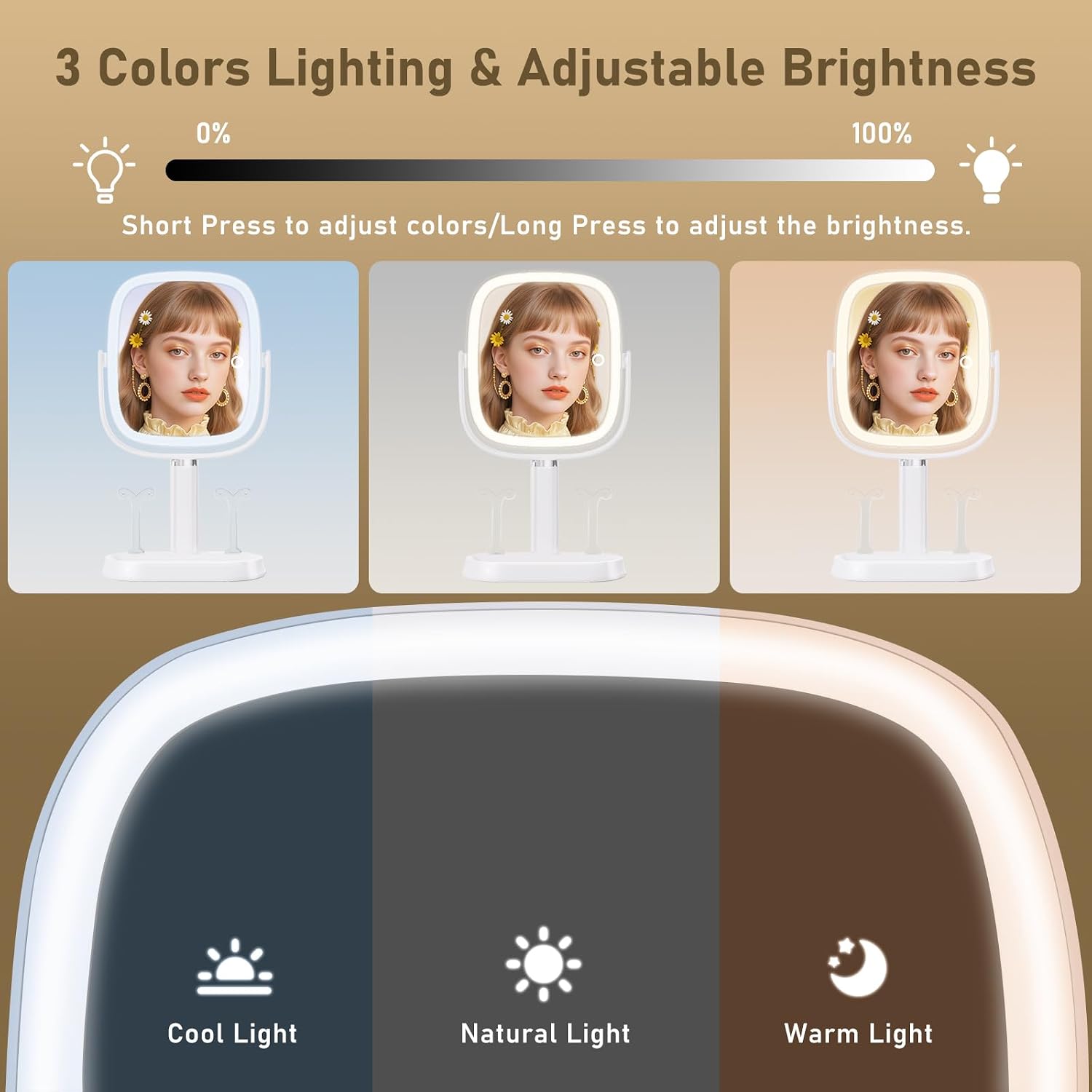 FRANO Vanity Mirror with Lights, Rectangular Lighted Makeup Mirror with 3 Color Lights, 1X/10X Magnification, Adjustable Height, 360° Rotation, 4000mAh Rechargeable for Desk, Gifts for Women - Image 3