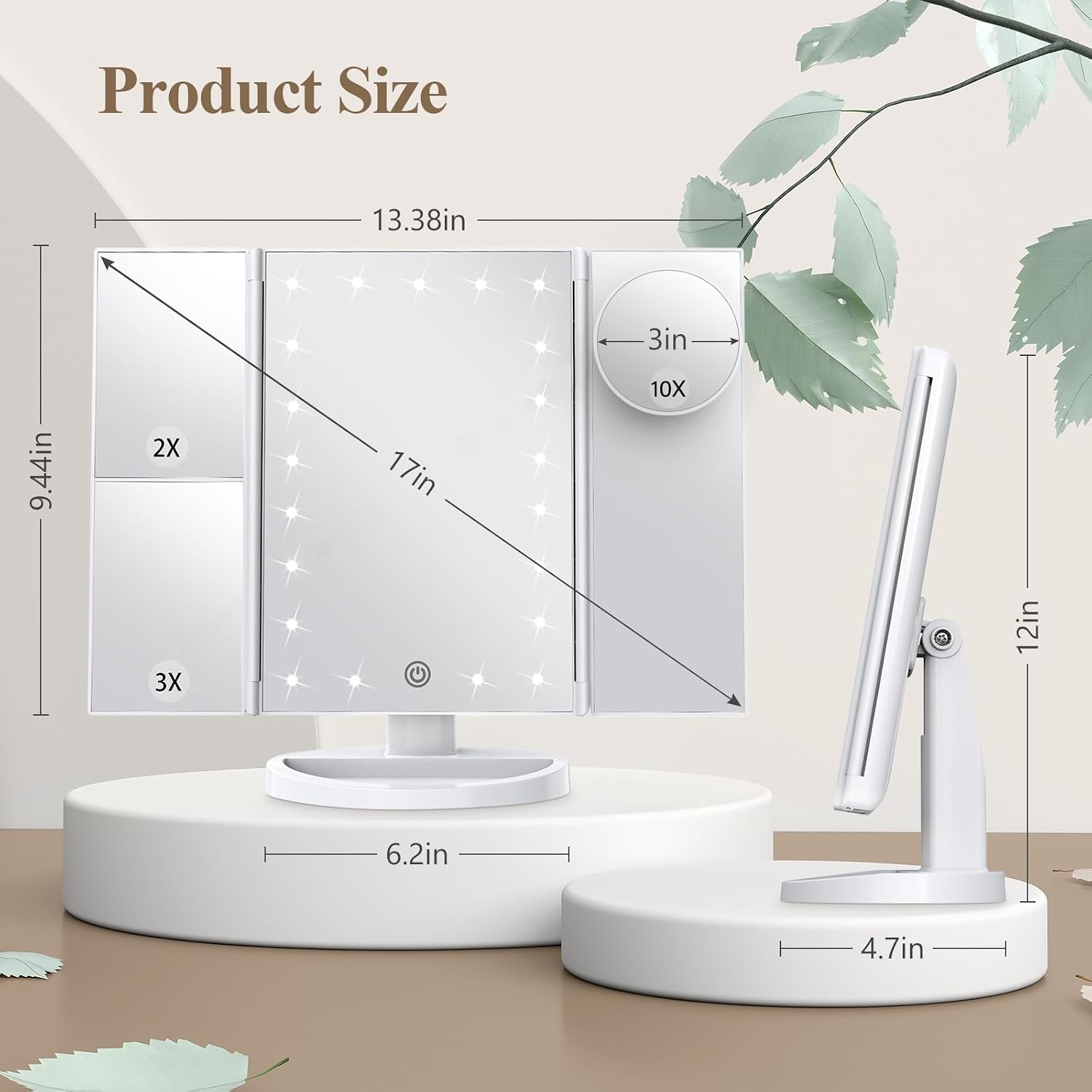 HUONUL 2X/3X/10X Magnifying Vanity Mirror with Light, Trifold Makeup Mirror | Touch Dimming, Dual Power, Clear View for Makeup, Skincare. Dorm Room Essentials. Birthday Gifts for Women, Mom, Wife, Girls - Image 7