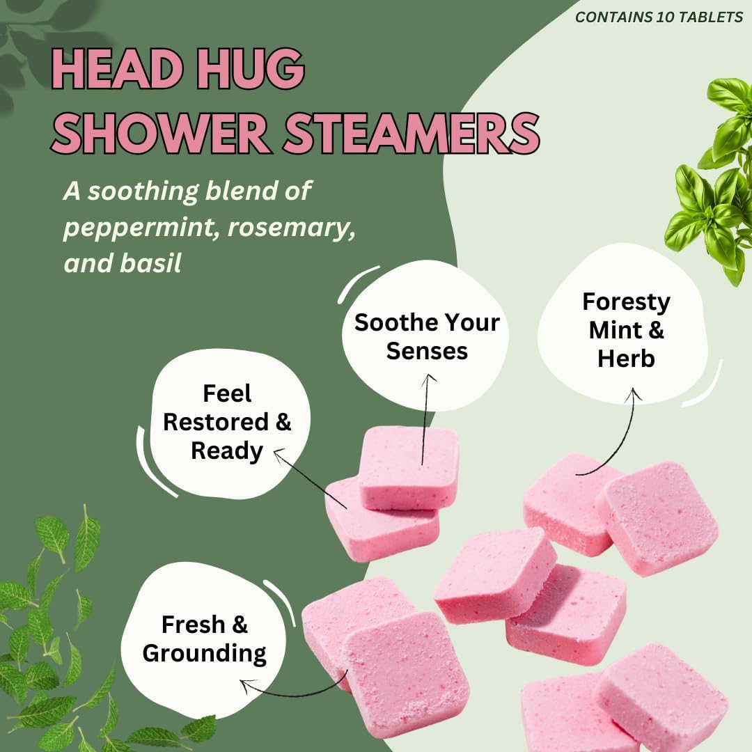 The Herbal Zen Head Hug Shower Steamer Aromatherapy Relief - 10 Pack | Soothing Natural Shower Bomb Tablets | Essential Oils | Peppermint Rosemary Basil | Relaxing Spa Gift Women & Men | USA Made - Image 2