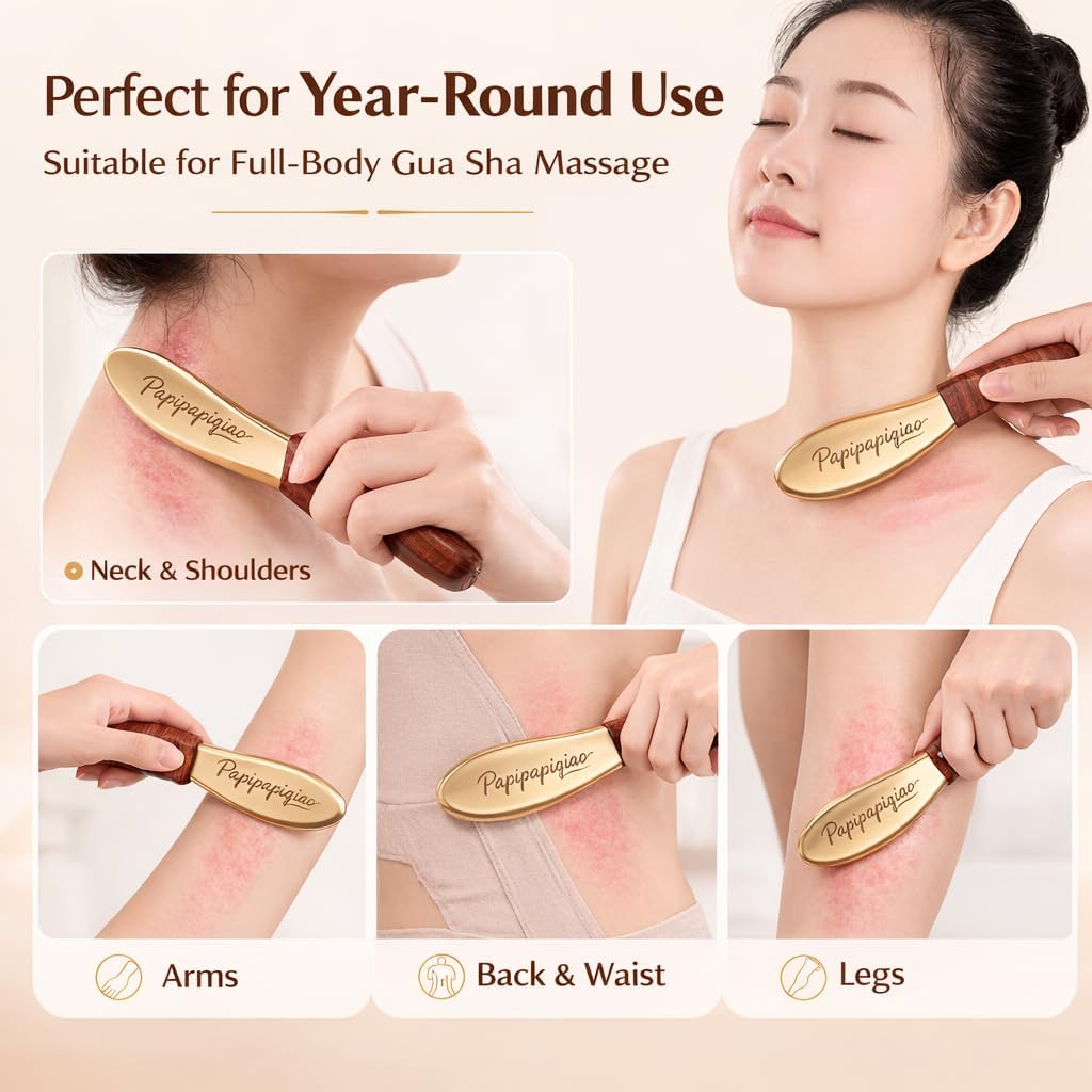 Copper Brass Gua Sha Muscle Scraper Tool with Wooden Handle – H62 Brass IASTM Soft Tissue Massage Tool for Fascia Release & Scar Tissue Relief – Deep Tissue Scraping Tool for Back & Body - Image 7