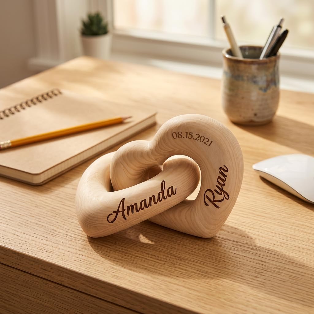 Personalized Wooden Hearts with Names - Custom Engraved Interlocking Heart Sculpture for Couples - 5th Wood Anniversary Valentine's Day Gift Idea, Romantic Home Decor (1-Pack (Names & Date)) - Image 2