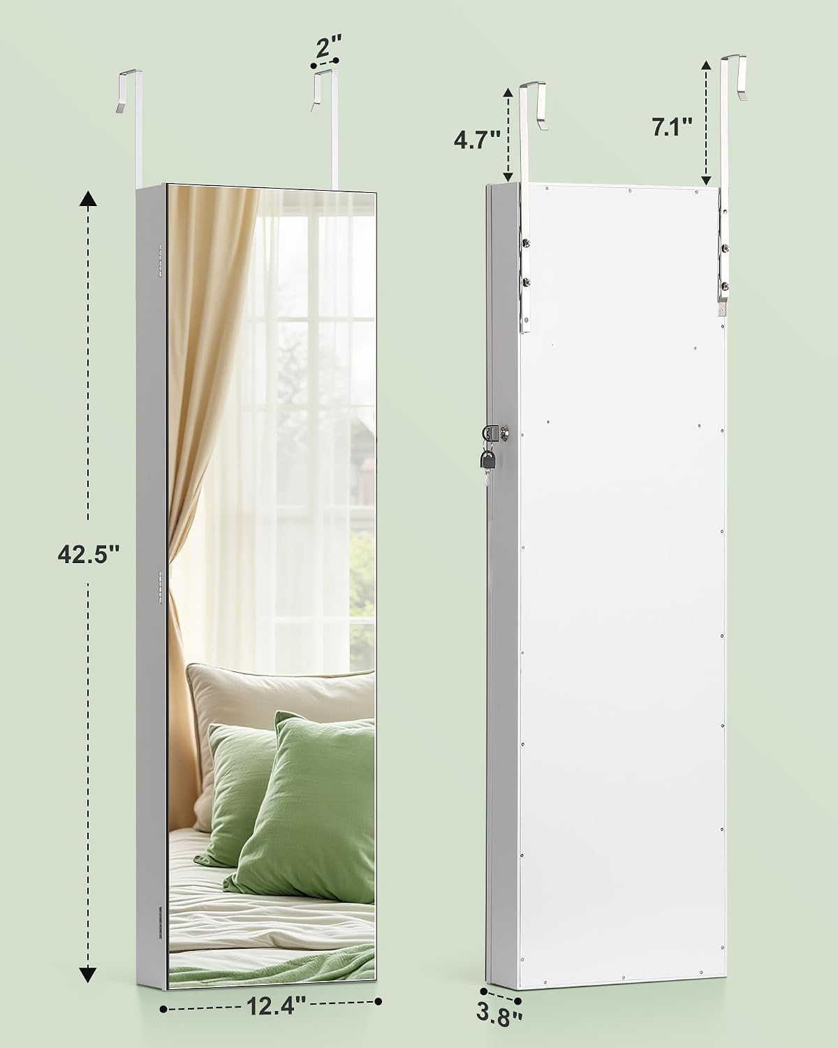 Hanging Jewelry Cabinet, Jewelry Organizers and Storage, White | Lockable Jewelry Armoire Organizer, Over the Door Mirror with Jewelry Storage, Full Length, Gift Idea, Easy Assembly - Image 7