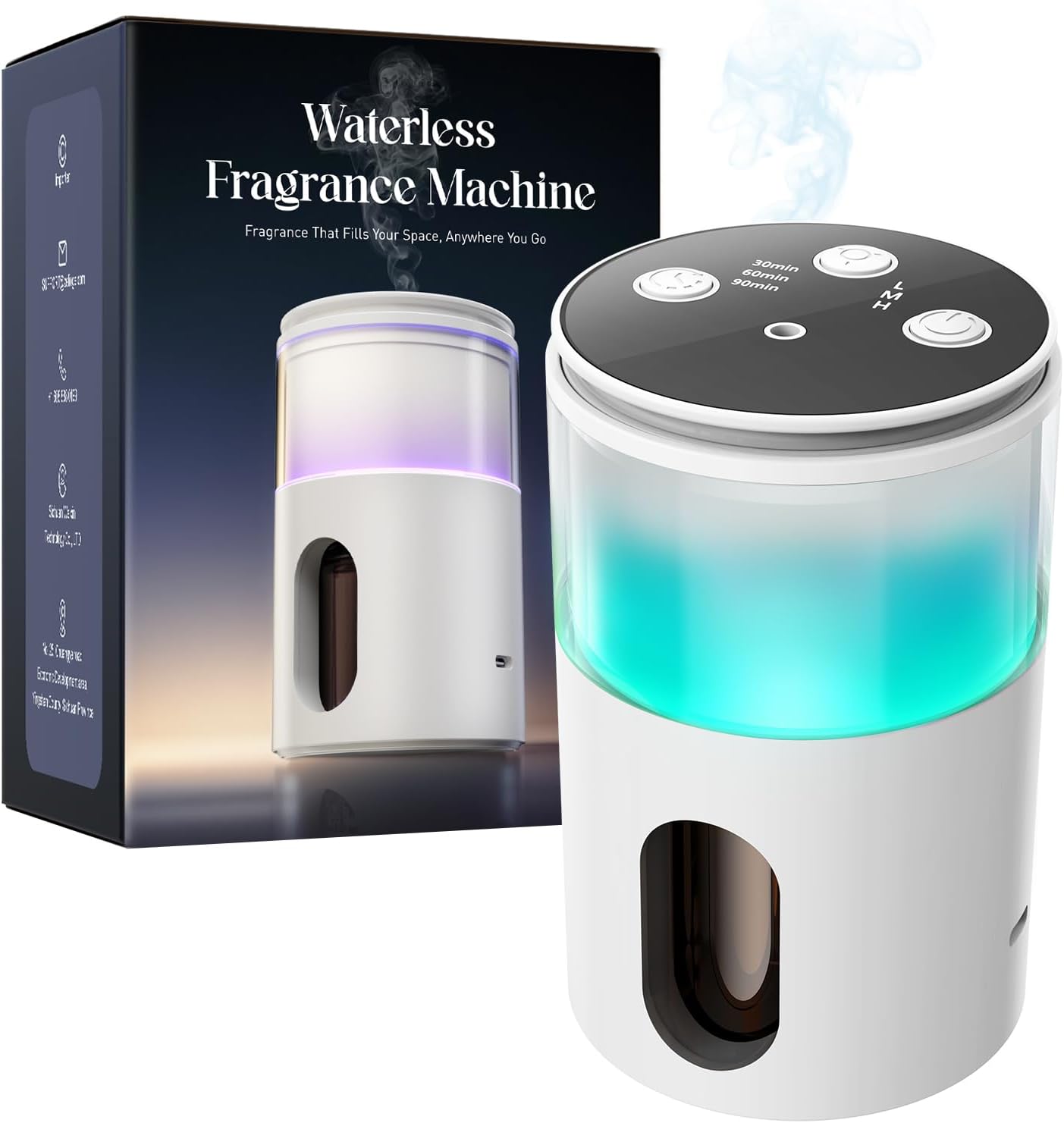 Waterless Essential Oil Diffuser: 𝟗-𝐂𝐨𝐥𝐨𝐫 𝐋𝐄𝐃 Snow White | Portable Scent Diffuser - No Water No Heat For Pure Aroma - 48H Battery 3 Mist Levels & 4 Timers for Car Office