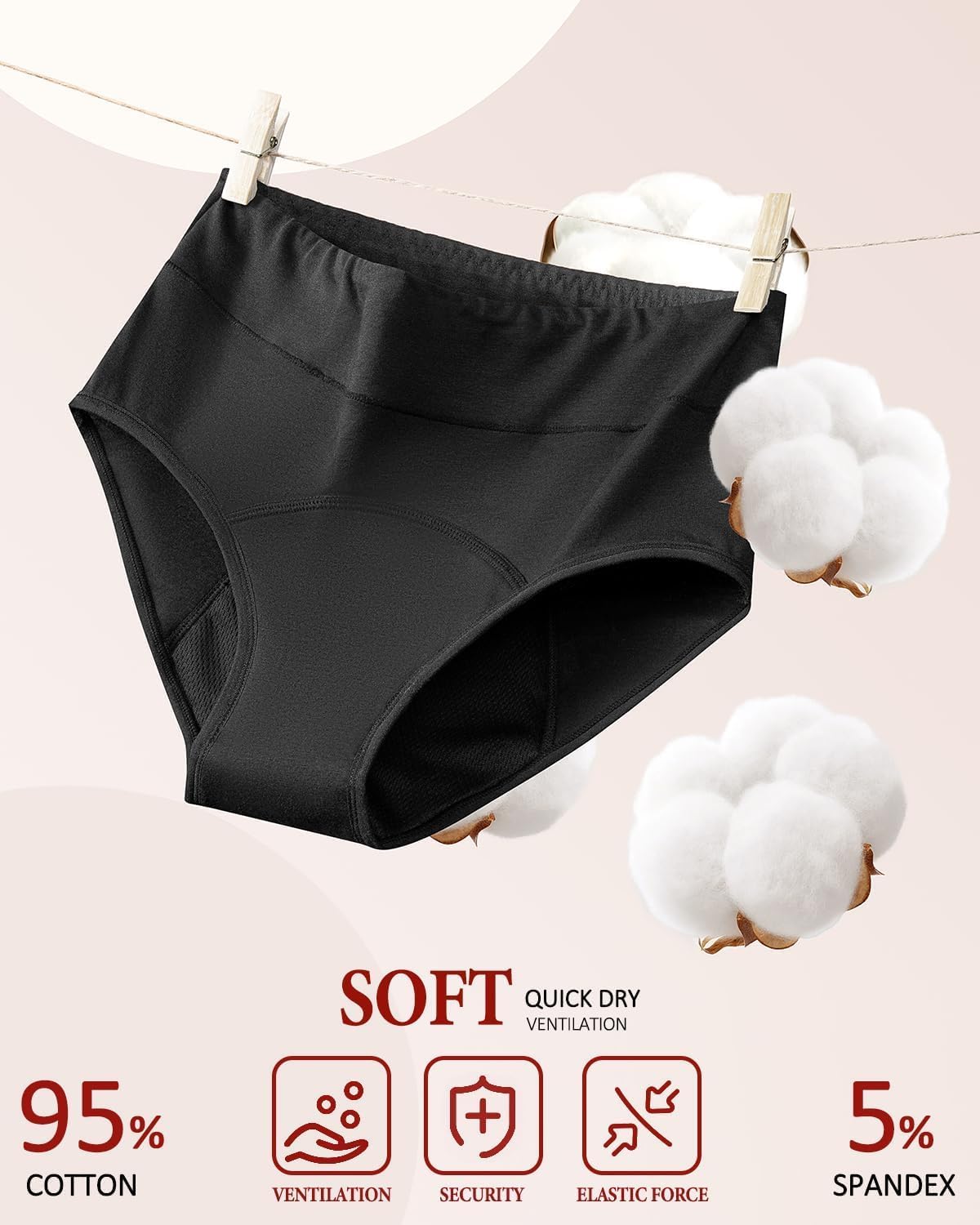 Period Underwear for Women, Leakproof Cotton Menstrual Panties | Soft breathable cotton fabric, absorbent gusset, comfortable high waist fit, gentle stretch fit, washable reusable design - Image 6