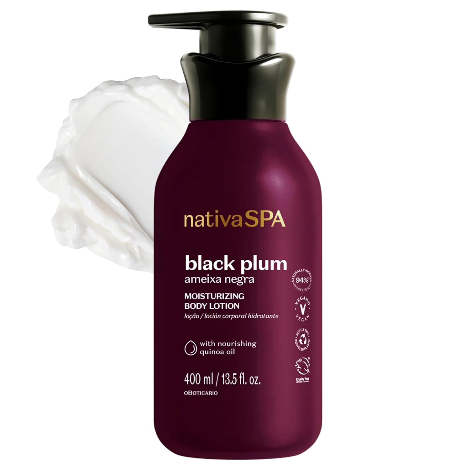Nativa SPA by O Boticário, Black Plum Moisturizing Body Lotion, Long-Lasting Hydration and Lightweight, Fragranced Moisturizer, 13.5 Ounce | Lightweight fragranced moisturizer delivering long-lasting hydration. Absorbs much quicker than heavy cocoa butter creams.