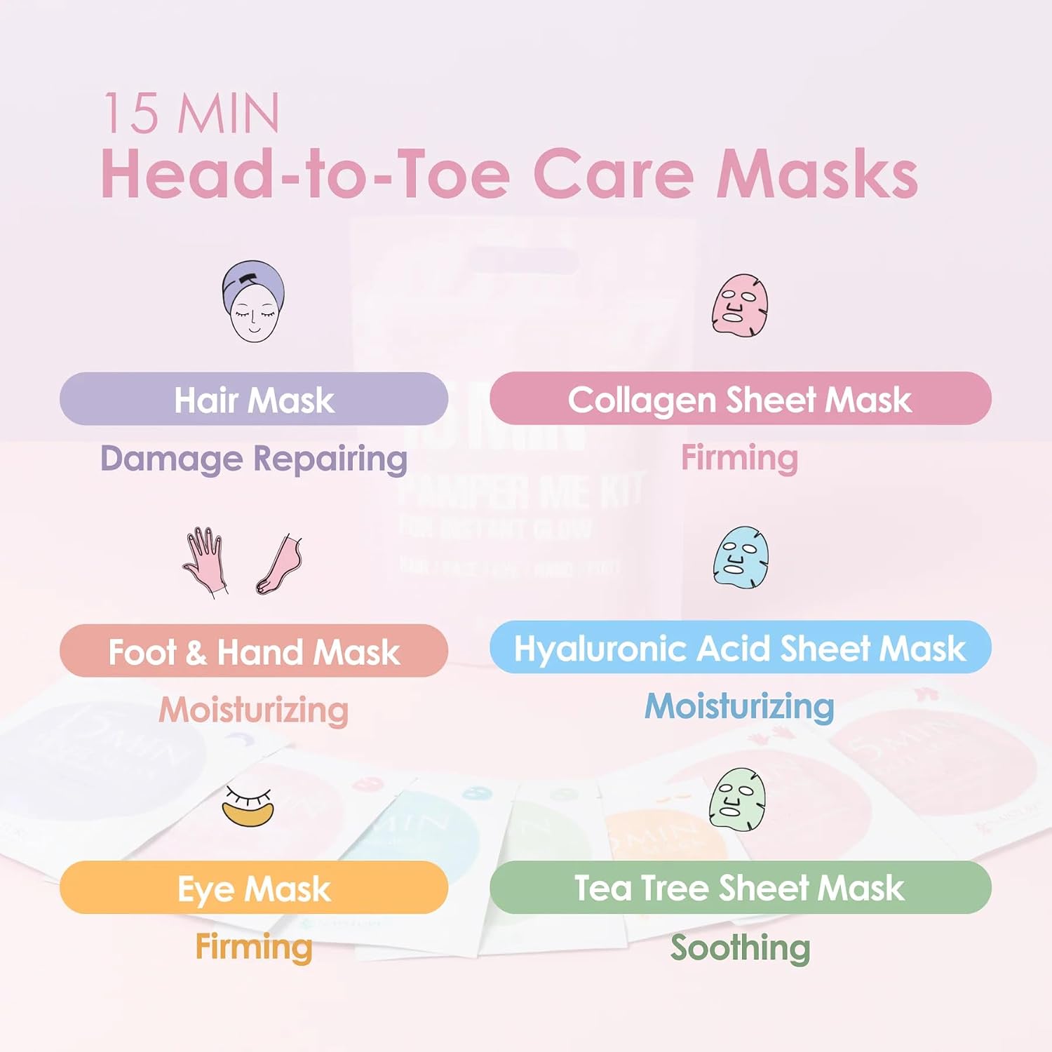 15 Min Pamper Me Kit Korean Spa Skincare Gift Set for Women-Head to Toe with Hair, Face, Eye, Hand, & Foot Masks (7 pcs) - Image 2