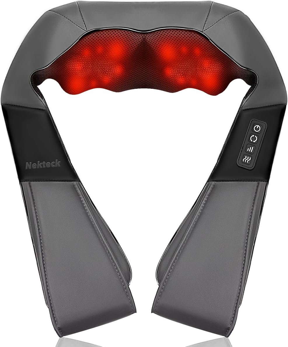Nekteck Shiatsu Neck Massager with Heat for Pain Relief, Gray, NOT Cordless | 2026 Upgraded 3D Back Shoulder Kneading Massage Pillow, 3 Intensity Speeds Deep Tissue, Relaxation Gifts for Men Women