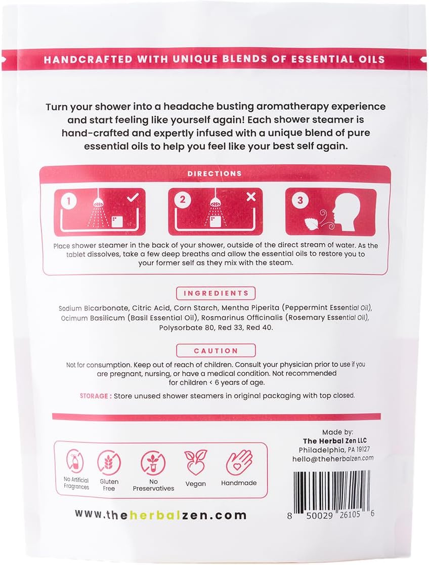 The Herbal Zen Head Hug Shower Steamer Aromatherapy Relief - 10 Pack | Soothing Natural Shower Bomb Tablets | Essential Oils | Peppermint Rosemary Basil | Relaxing Spa Gift Women & Men | USA Made - Image 9