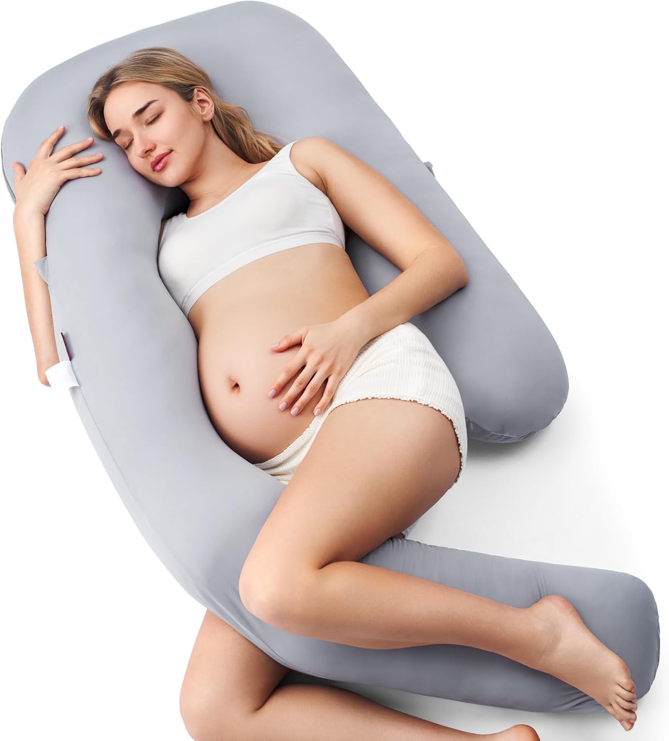 Momcozy Pregnancy Pillow for Sleeping - Dreamlign U Pro Maternity Pillow | Upgraded Adjustable Leg Pillow, Cooling Removable Cover, Full Body Support for Pregnant Women, Side Sleeper, 50-72 Inch, Grey