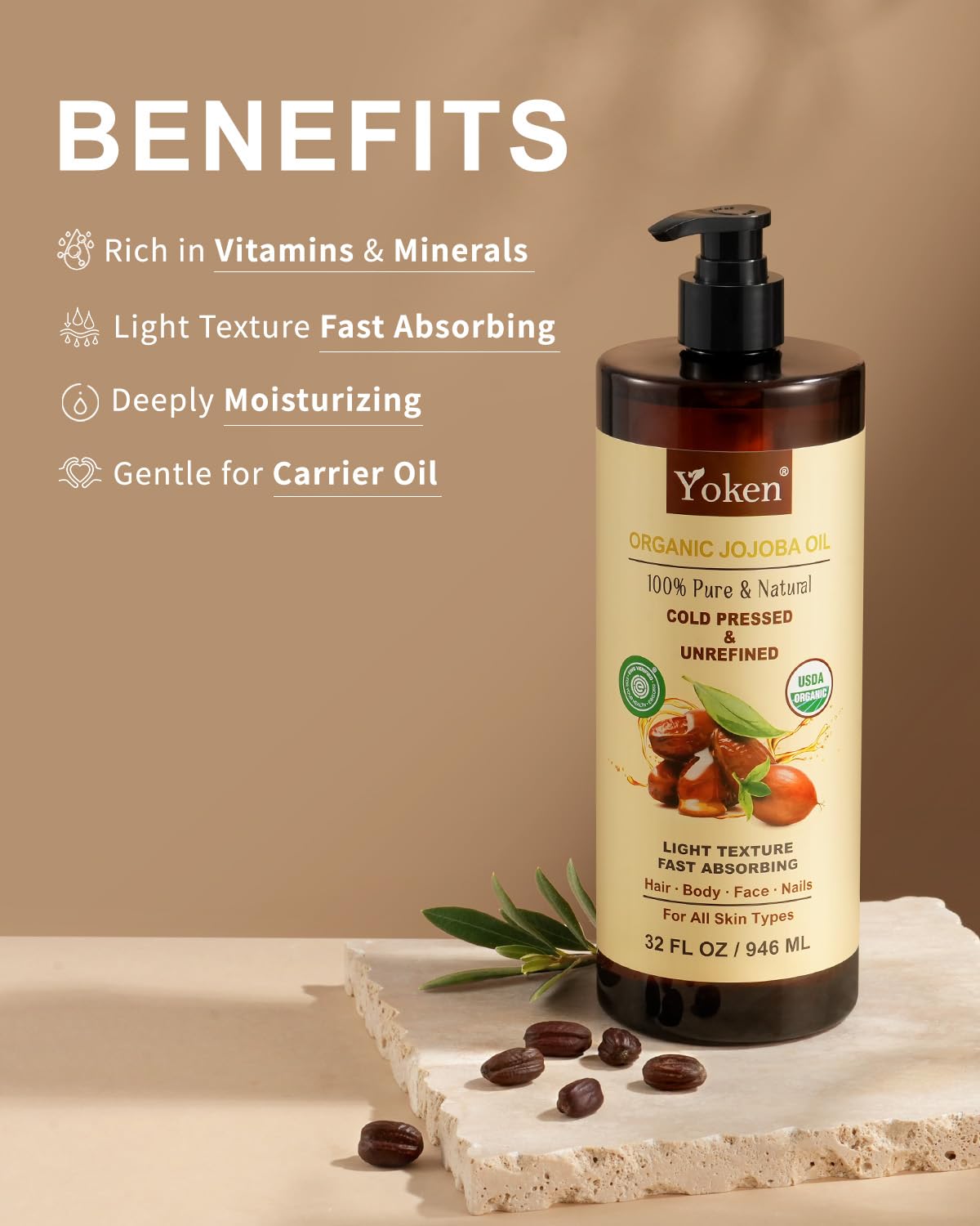 Yoken 32 fl oz (EWG Verified) 100% Pure Jojoba Carrier Oil - Unrefined, Hexane-Free, Cold Pressed for Skin, Face, Hair, Nails, and Massage | Body Oil For Women After Shower Unscented Carrier Massage Moisturizer Hydrating Nourishing Essential Oil Mixing - Image 3