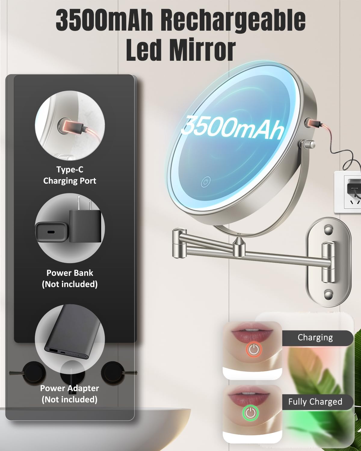 VFD 8'' 30X/1X Wall Mounted Lighted Magnifying Makeup Mirror with Lights | Double Sided Rechargeable Bathroom Mirror, 3 Color Lights Touch Dimmable Extended Arm 360 Rotation Light up Mirrors - Image 5