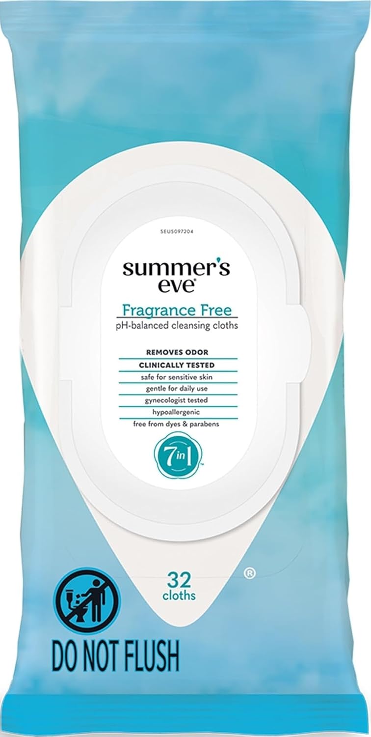 Summer's Eve Fragrance-Free Feminine Wipes, Gentle pH-Balanced Micellar Water Based Formula Helps Control Vaginal Odor, Resealable Pack, 32 Wipes