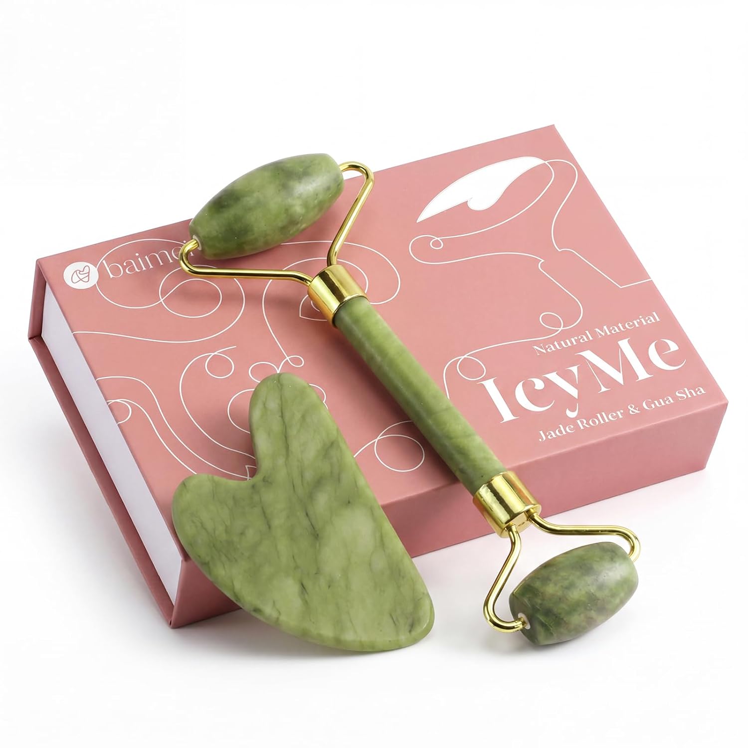 BAIMEI IcyMe Jade Face Roller & Gua Sha Set,Self Care Gifts for Women | Facial Beauty Skin Care Tools for Home Spa & Travel Use, Cooling and Smoothing, Reduce Puffiness & Jawline Definition - Green